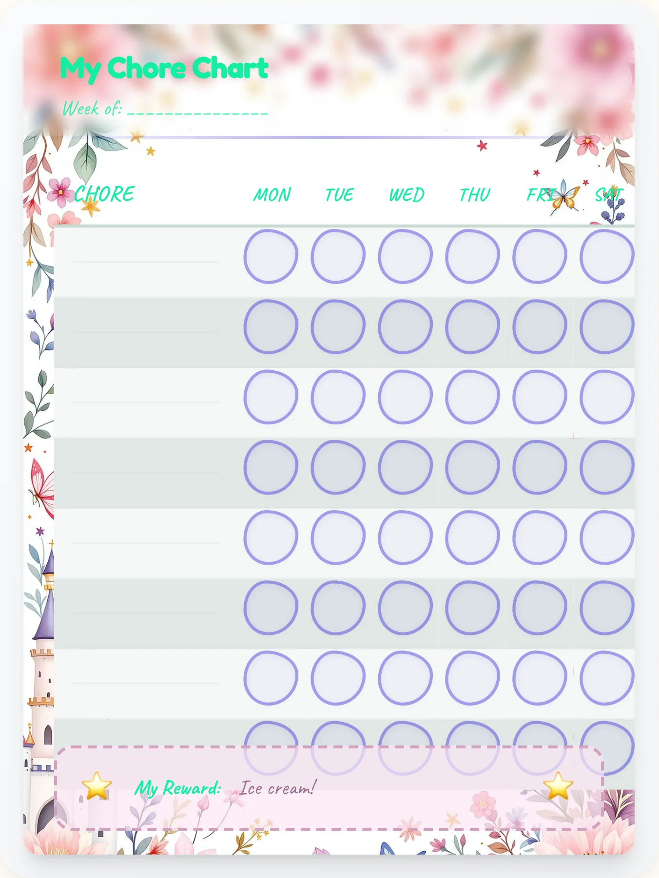 Dainty Princess Custom Chart - printable princess chore chart