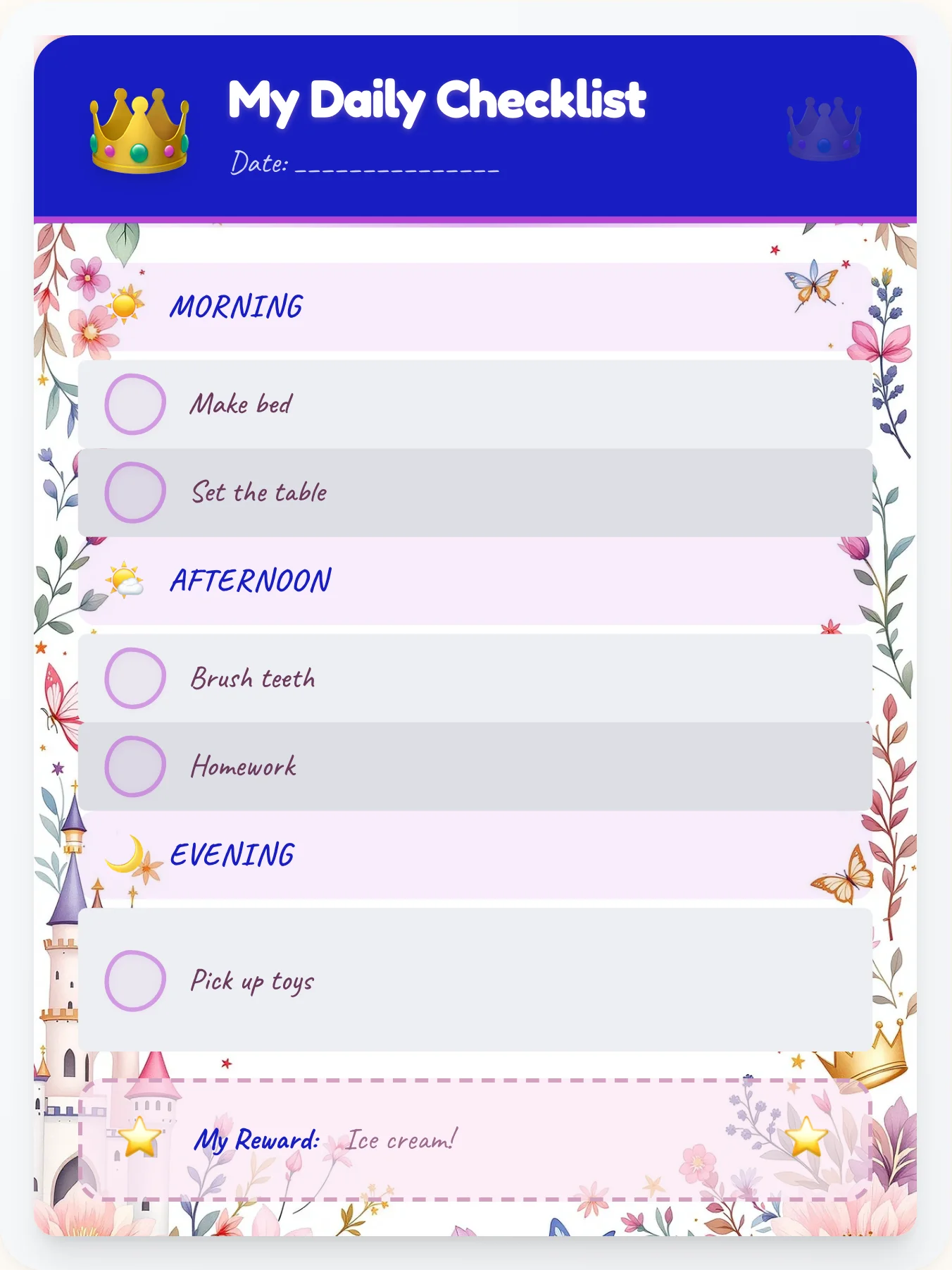 Natural Princess Daily Planner - printable princess chore chart