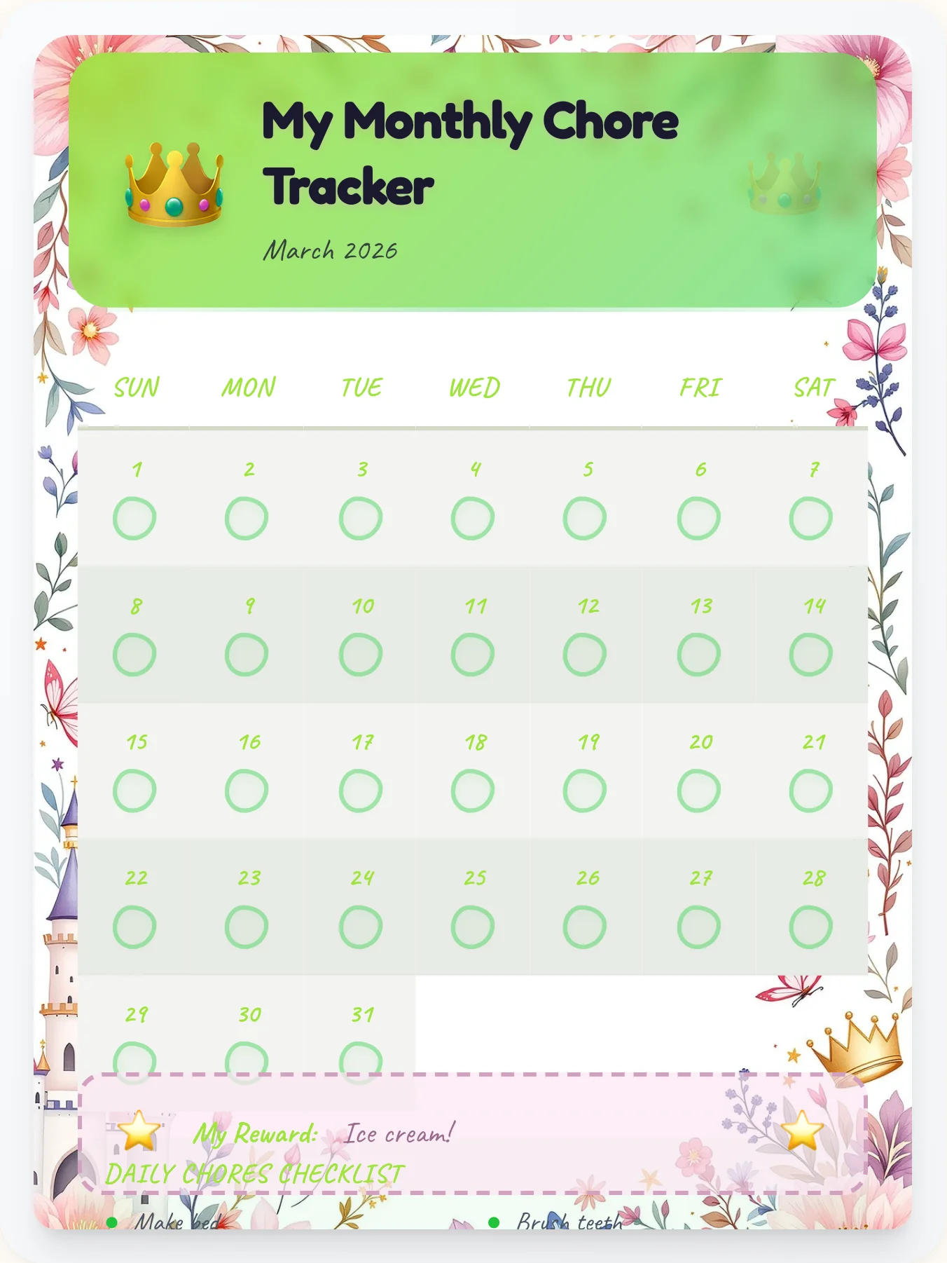 Playful Princess Calendar Chart - printable princess chore chart