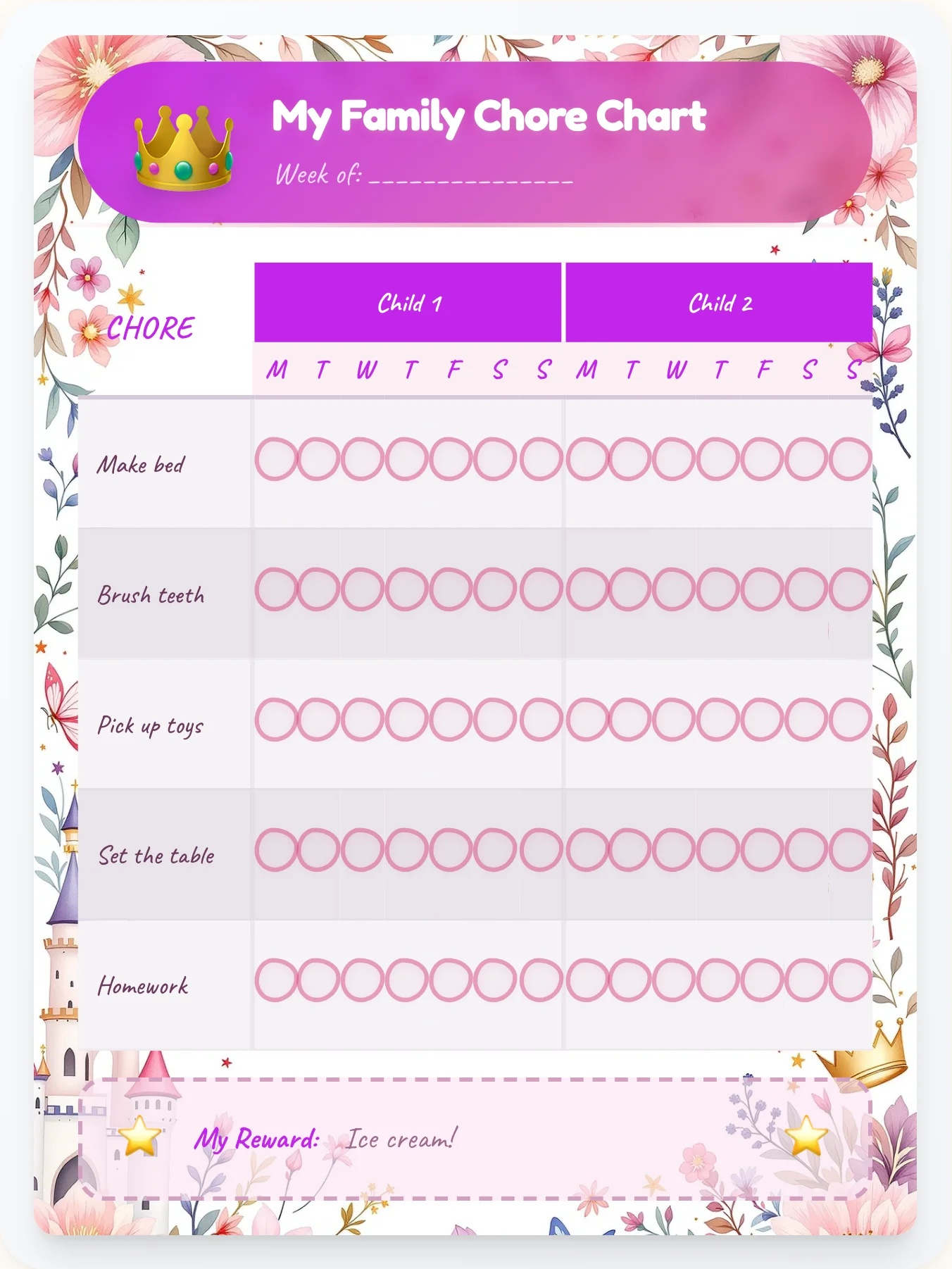 Vibrant Princess Team Chart - printable princess chore chart