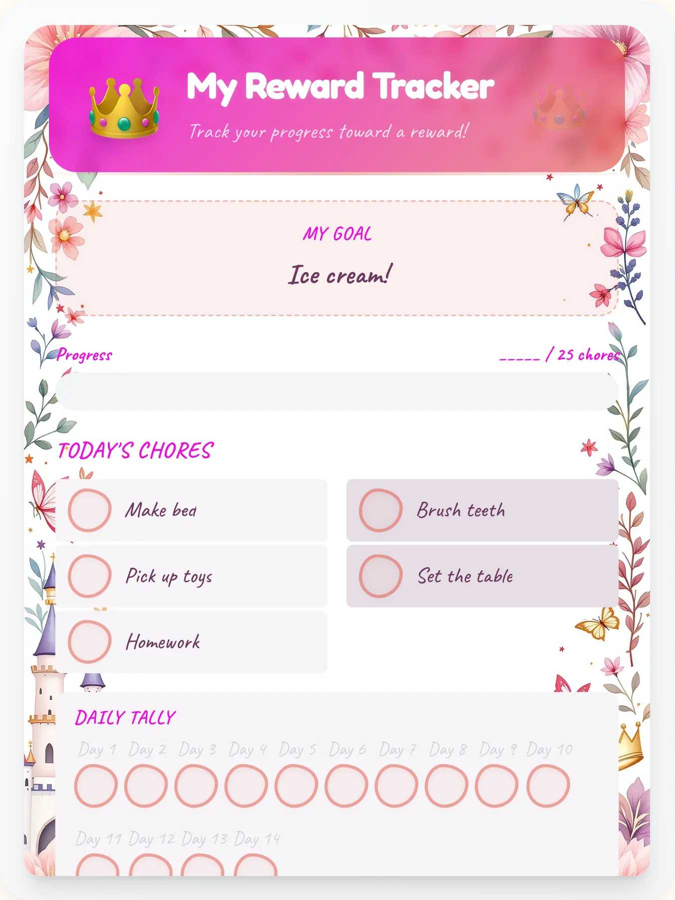 Airy Princess Achievement Board - printable princess chore chart