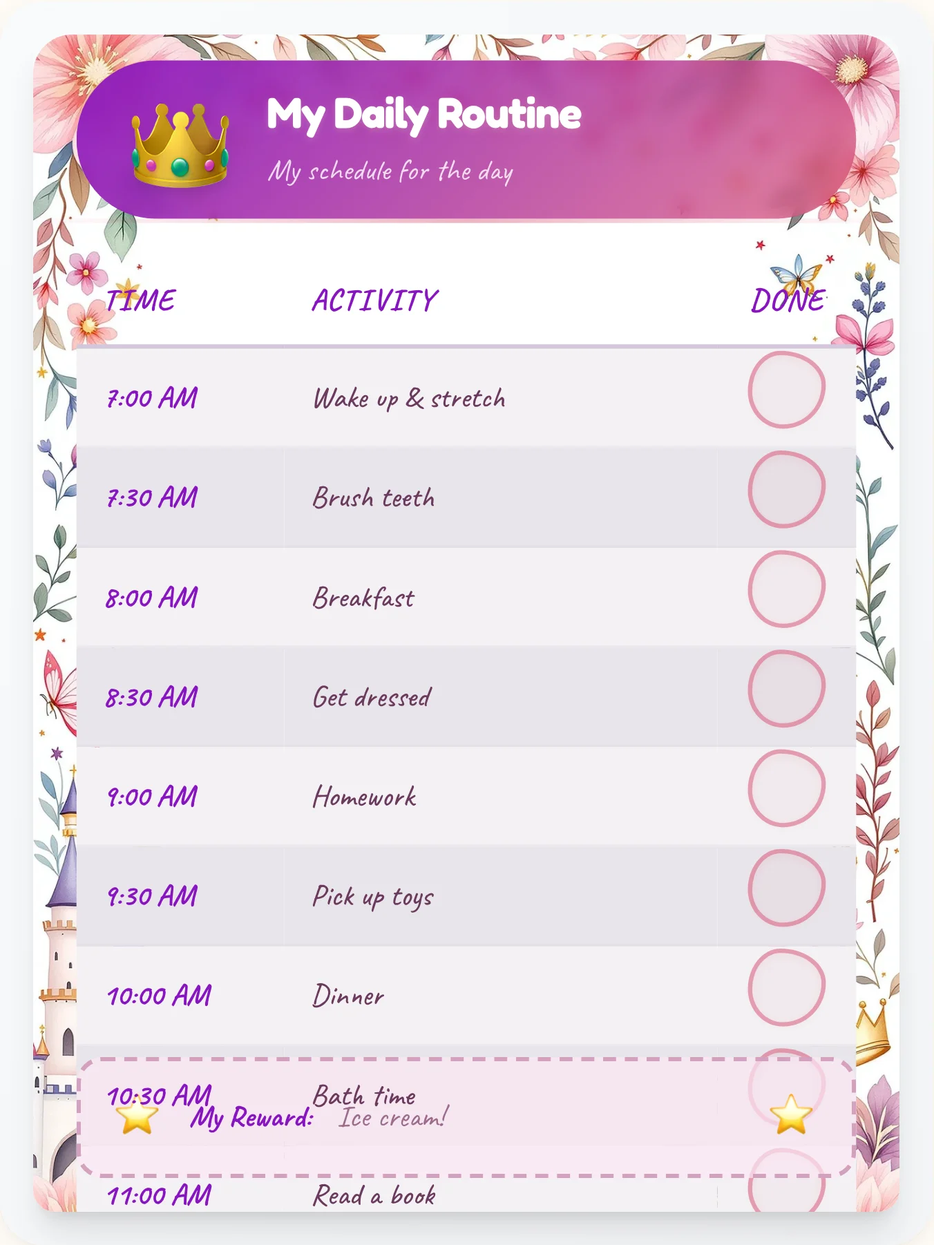 Urban Princess Daily Routine - printable princess chore chart