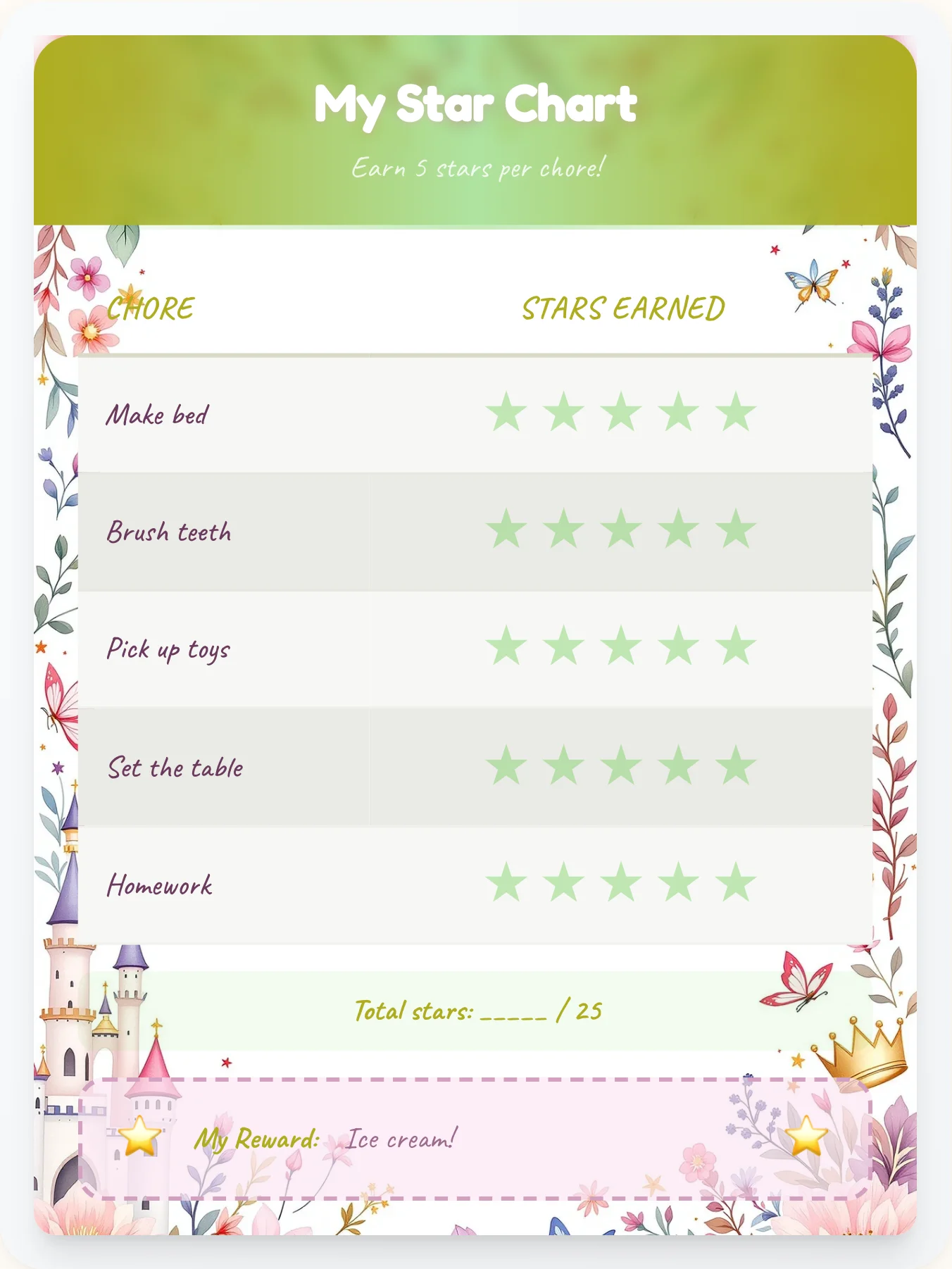Lively Princess Gold Stars - printable princess chore chart