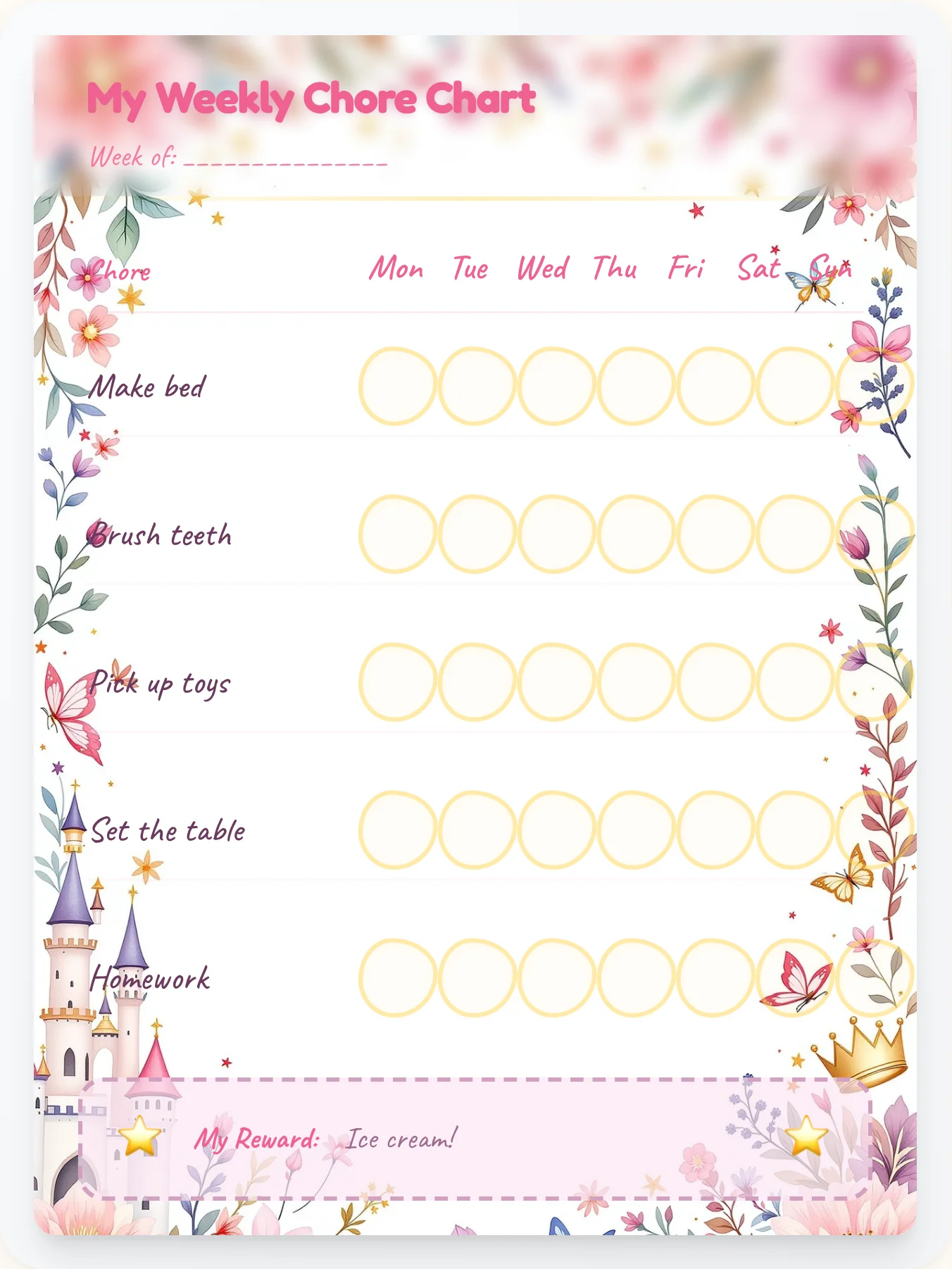 Crown Sketches Chore Chart - printable princess chore chart