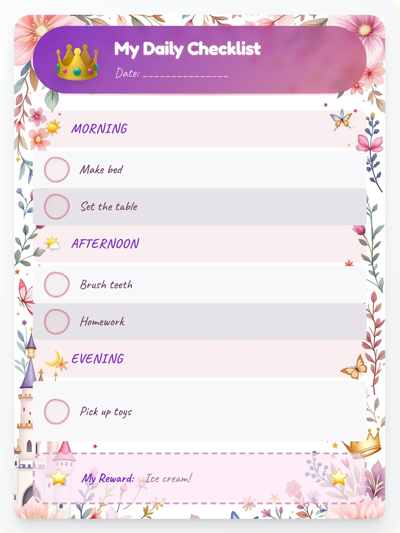 Tranquil Princess Day Tracker - printable princess chore chart