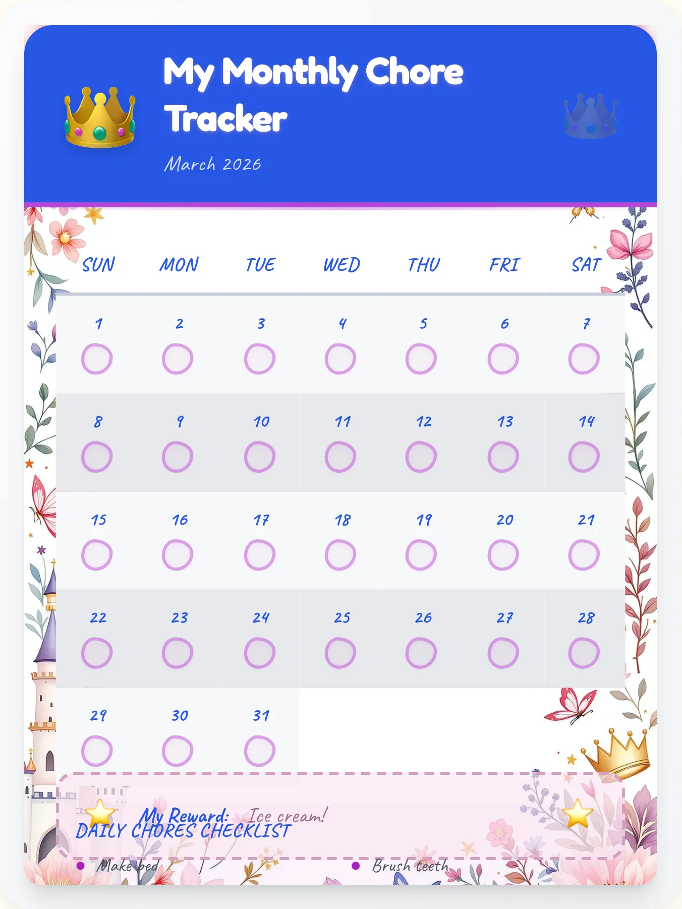 Mellow Princess Monthly Grid - printable princess chore chart