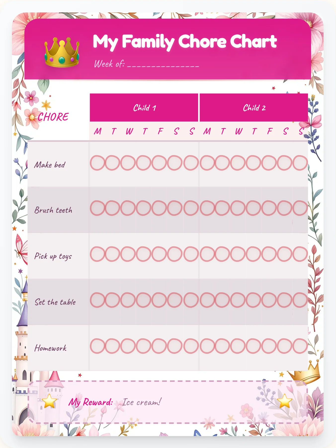Calm Princess Sibling Board - printable princess chore chart