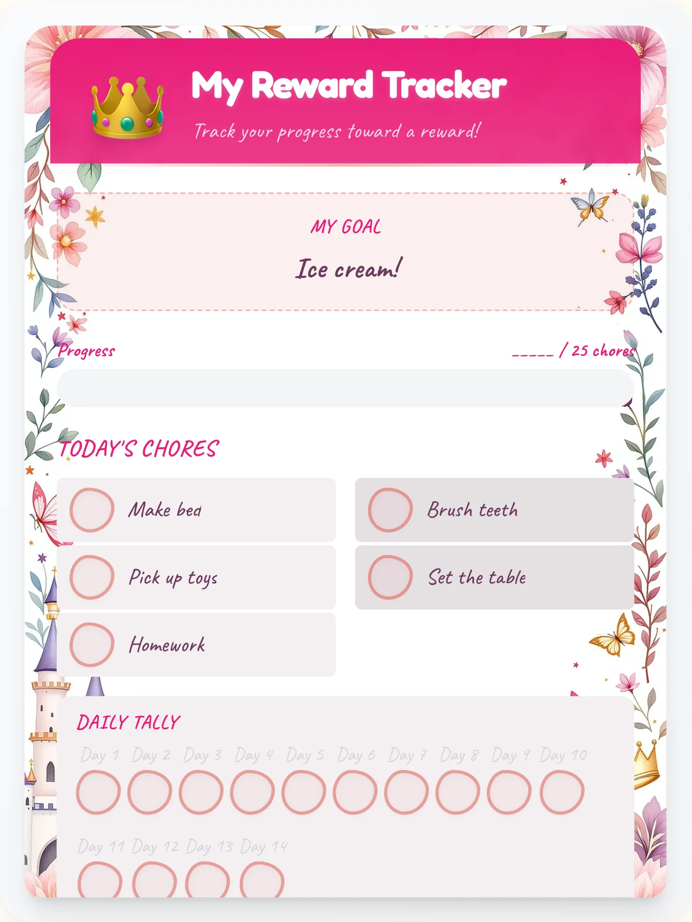Delicate Princess Reward Board - printable princess chore chart