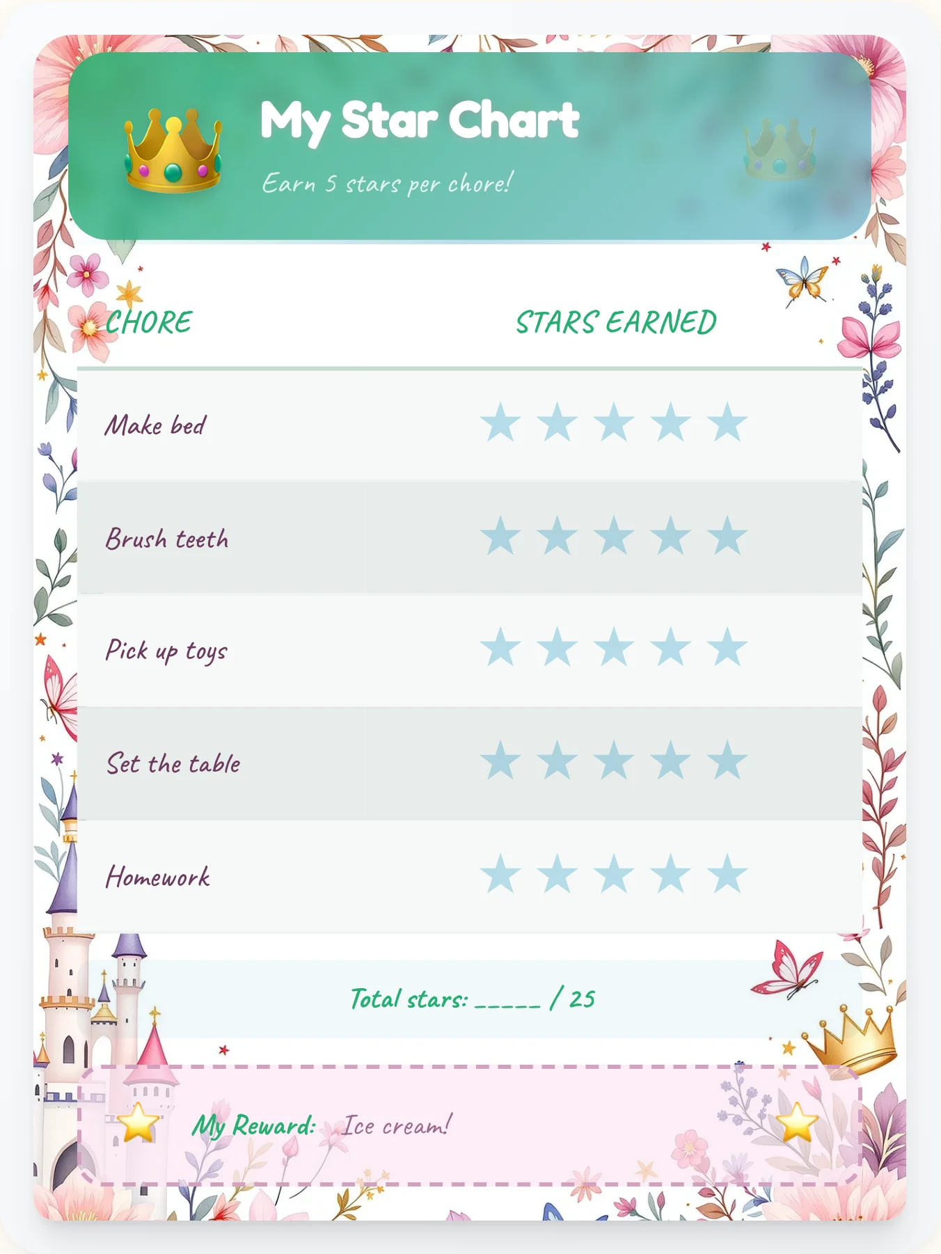 Dainty Princess Star Board - printable princess chore chart