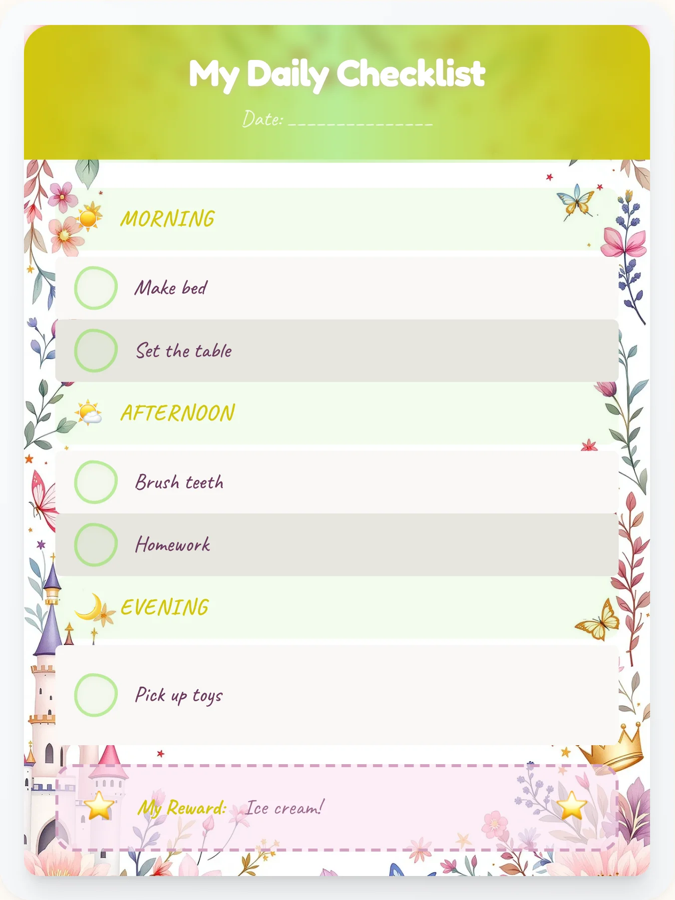 Lively Princess Daily Log - printable princess chore chart
