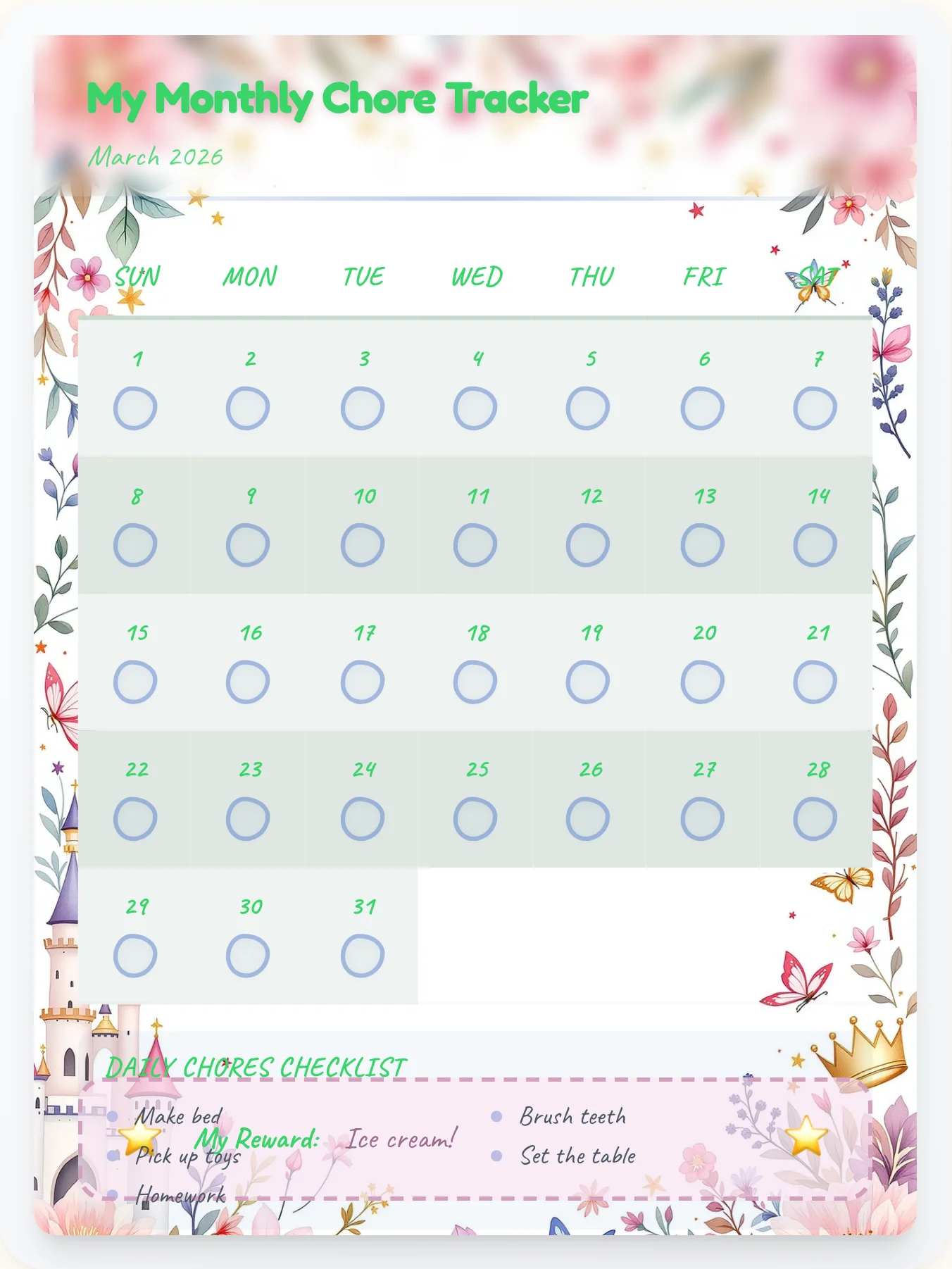 Zen Princess Month View - printable princess chore chart