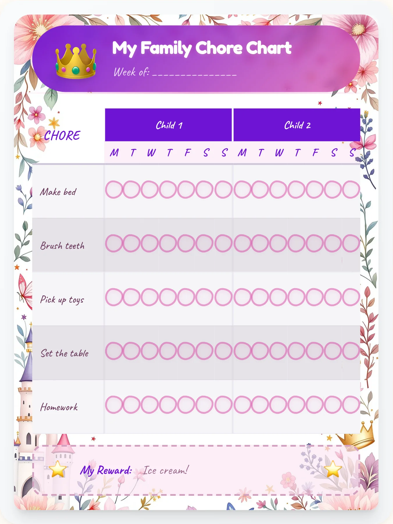Serene Princess Team Chart - printable princess chore chart