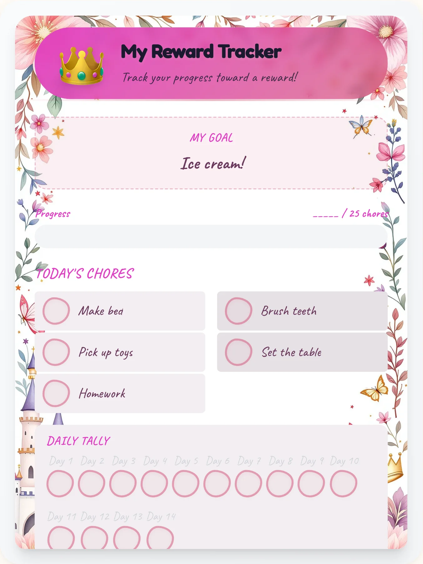 Airy Princess Achievement Board - printable princess chore chart