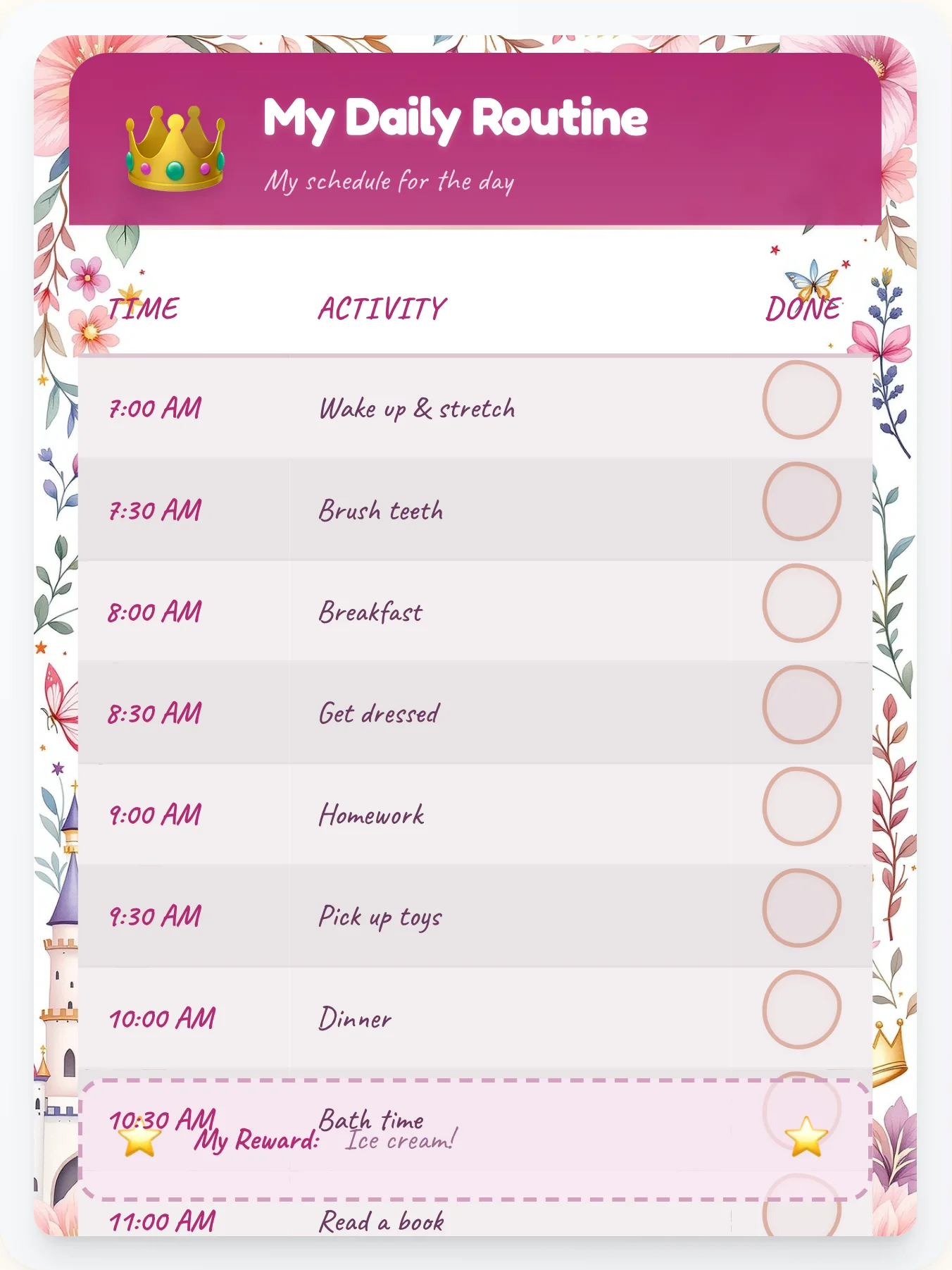 Delicate Princess Daily Routine - printable princess chore chart