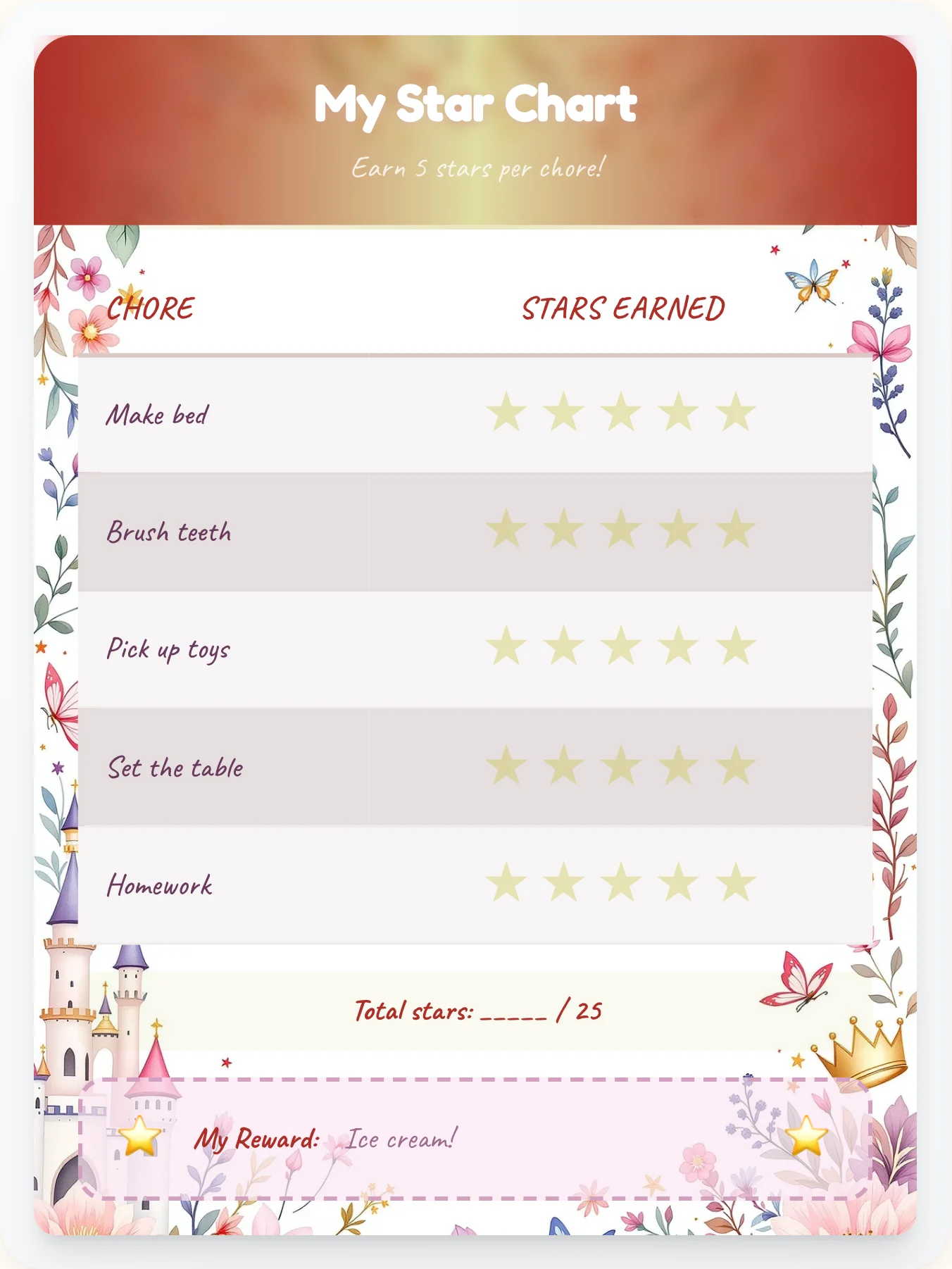 Bright Princess Star Board - printable princess chore chart
