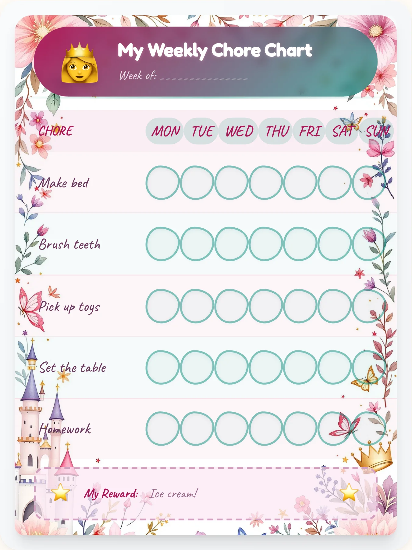 Palace Gardens Chore Chart - printable princess chore chart