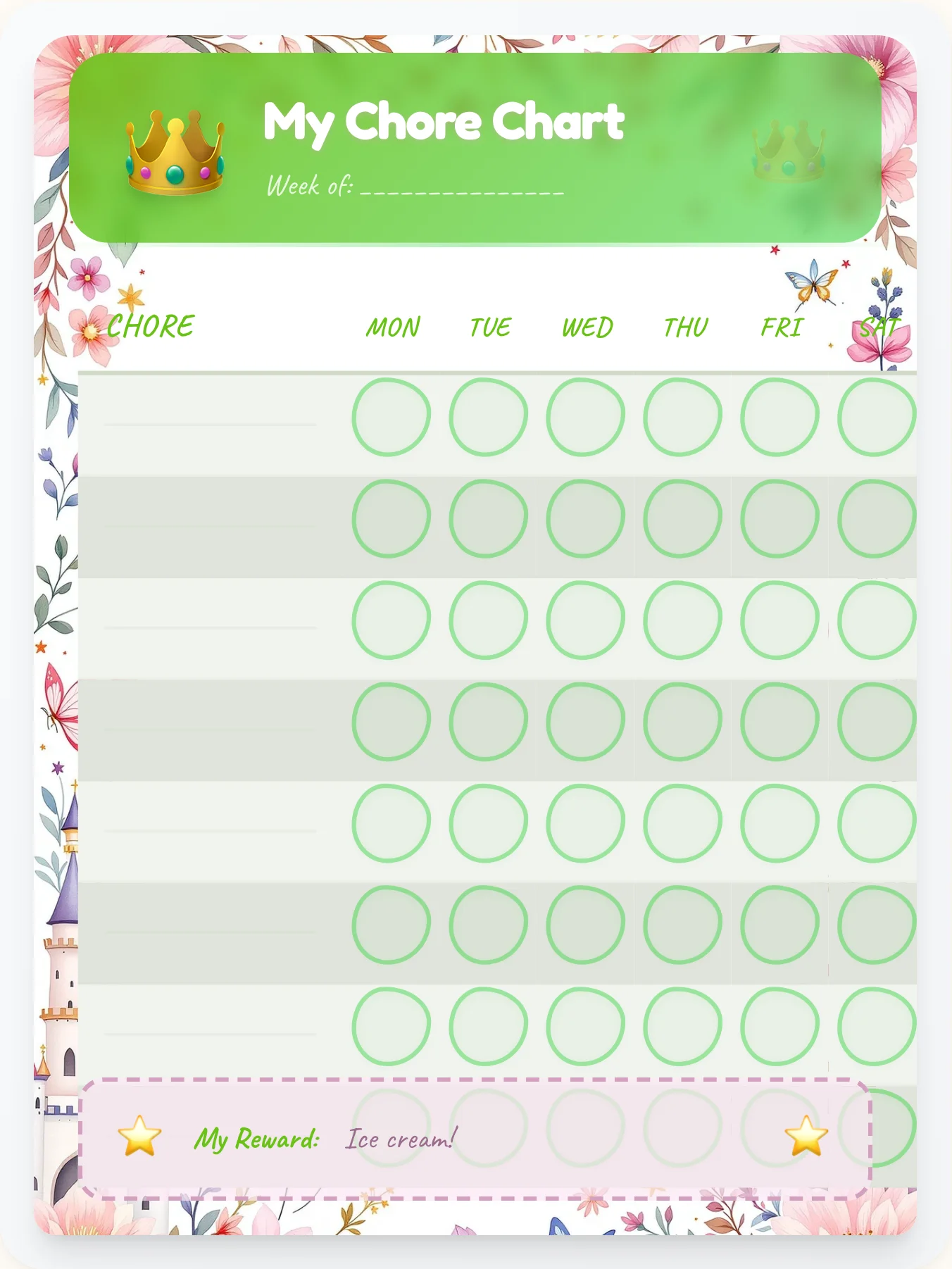 Quiet Princess Open Template - printable princess chore chart