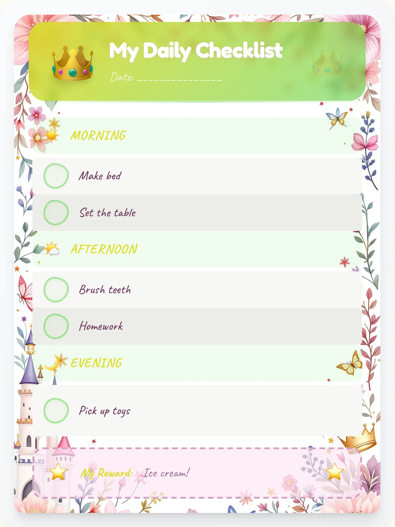 Lively Princess Daily Log - printable princess chore chart