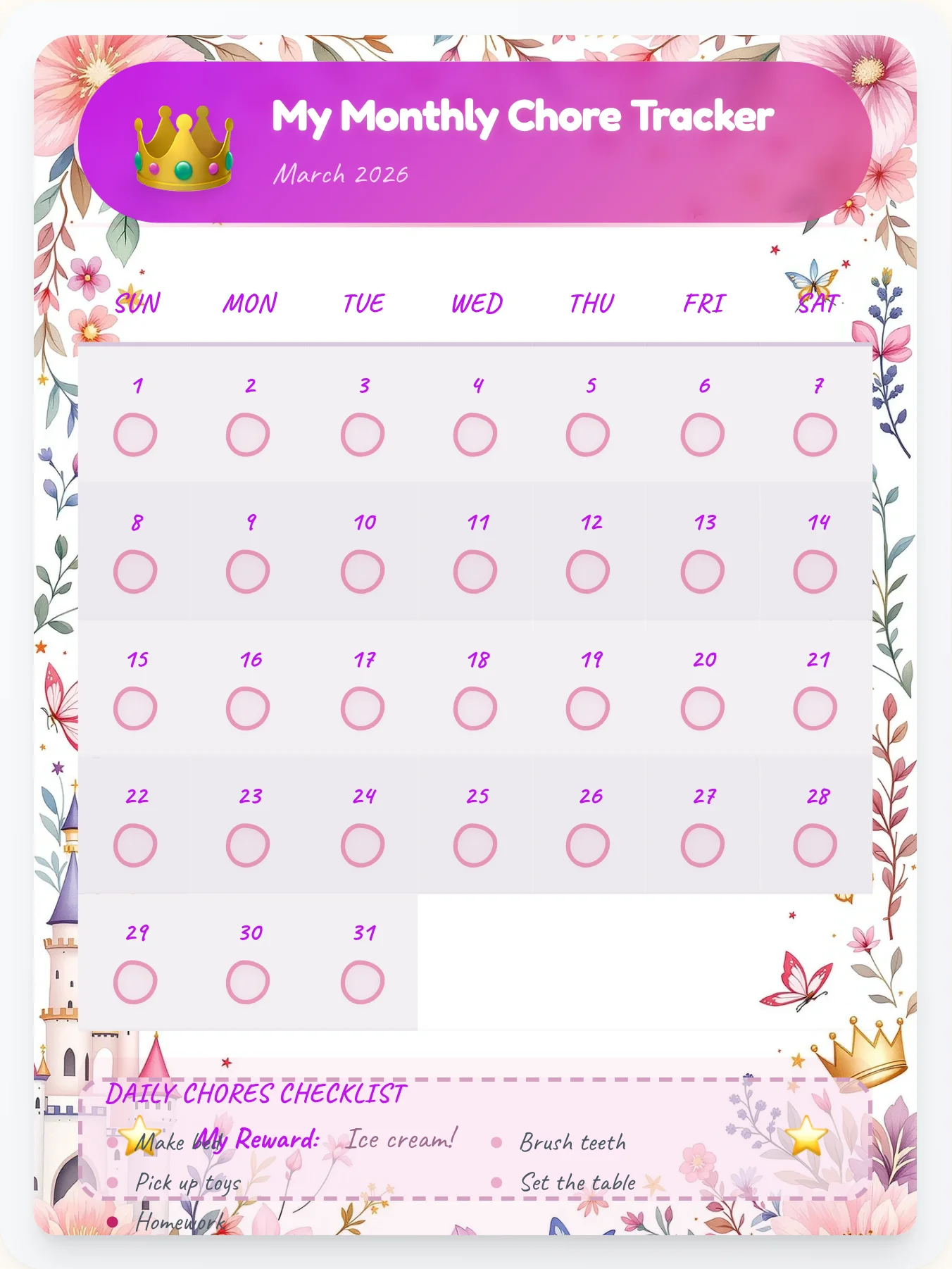 Urban Princess Calendar Board - printable princess chore chart