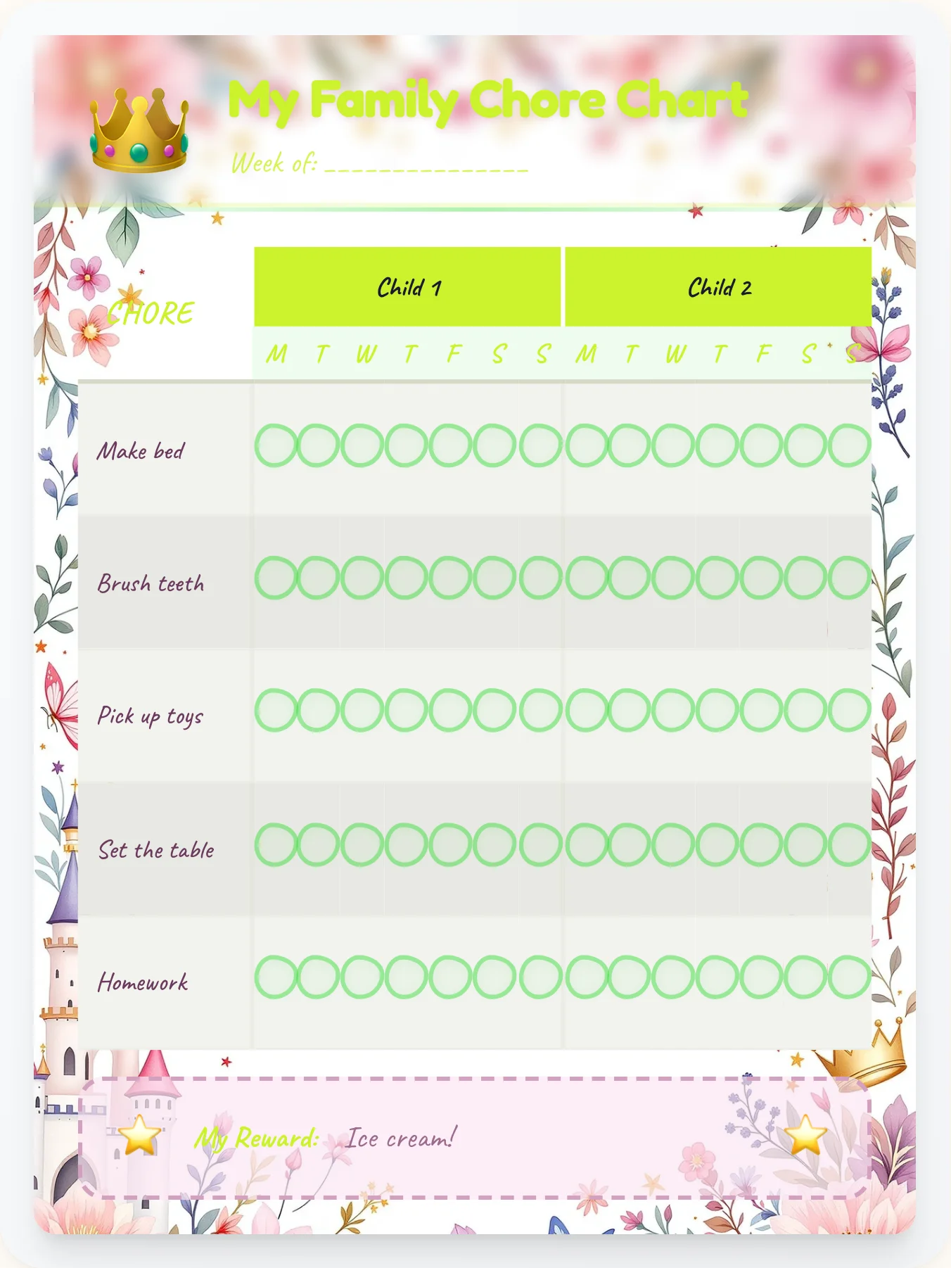 Noble Princess Family Chart - printable princess chore chart