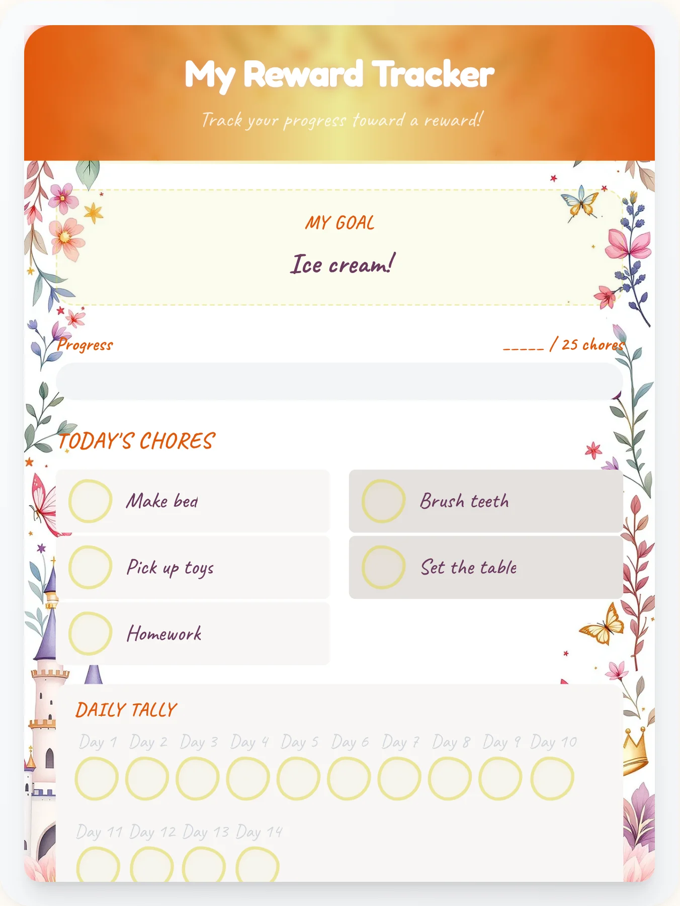 Dreamy Princess Reward Board - printable princess chore chart