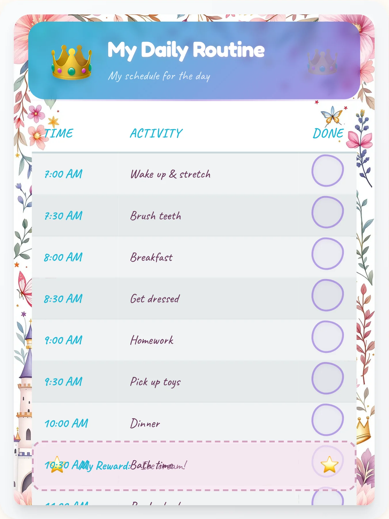 Harmony Princess Flow Chart - printable princess chore chart