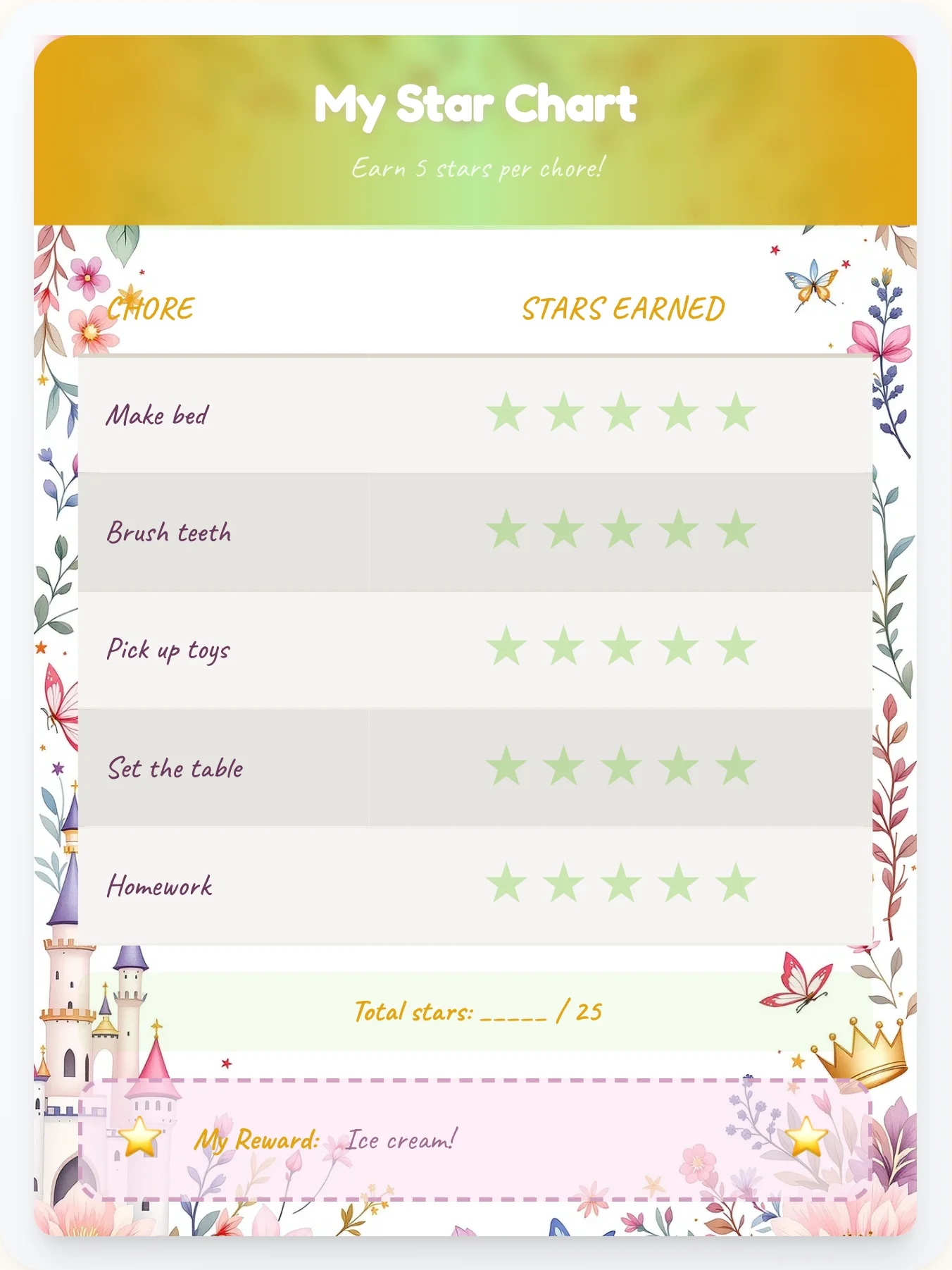 Happy Princess Star Rewards - printable princess chore chart