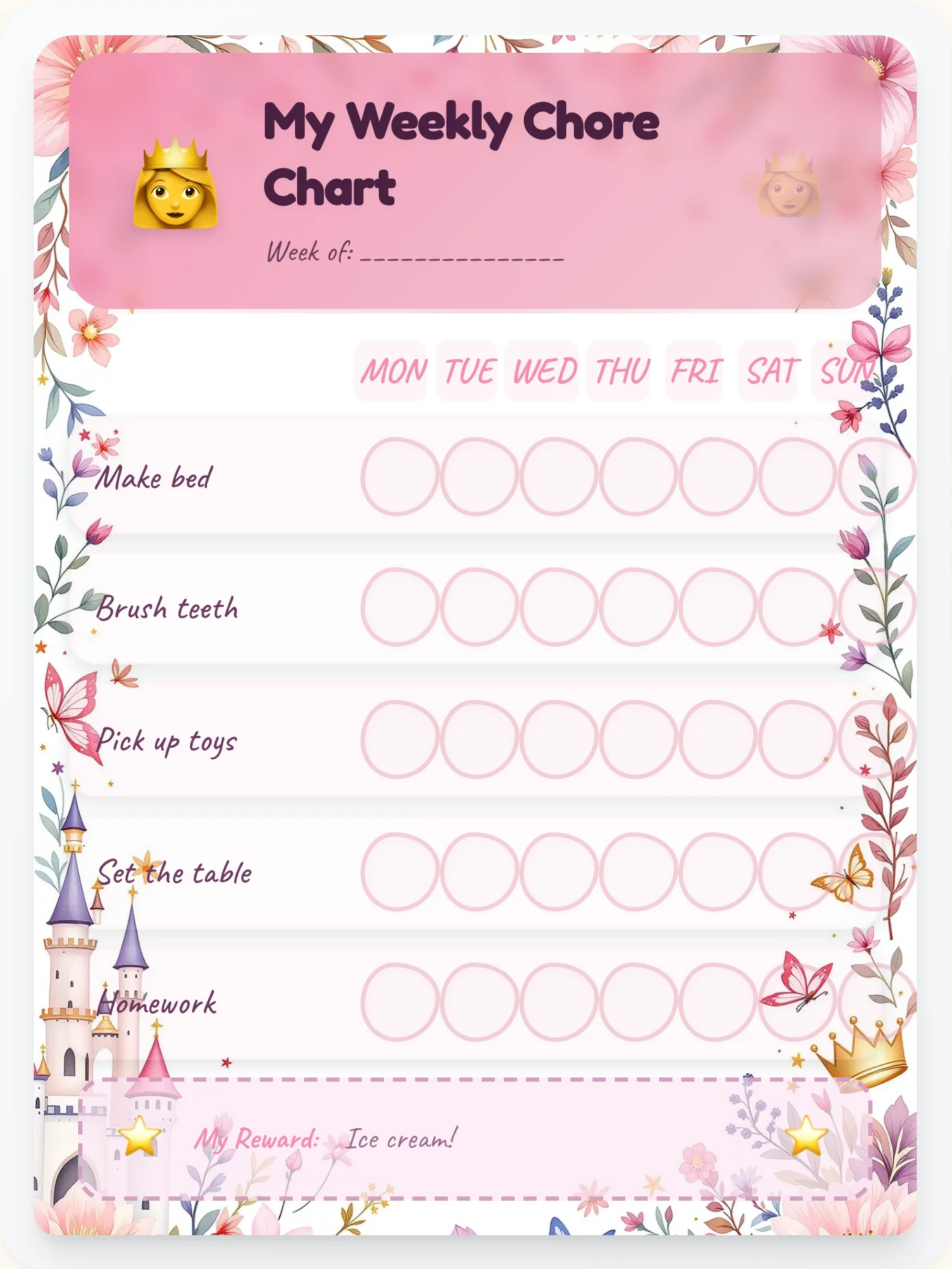 Rose Gold Throne Chore Chart - printable princess chore chart