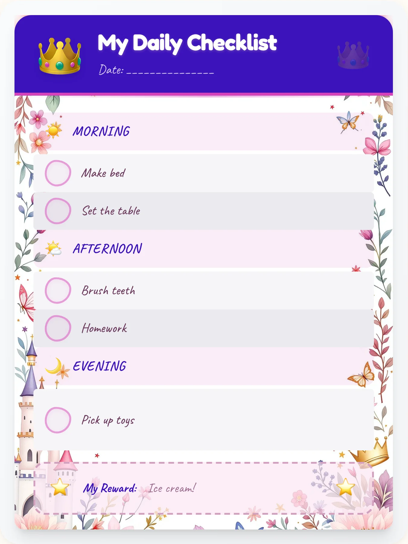 Peaceful Princess To-Do Chart - printable princess chore chart