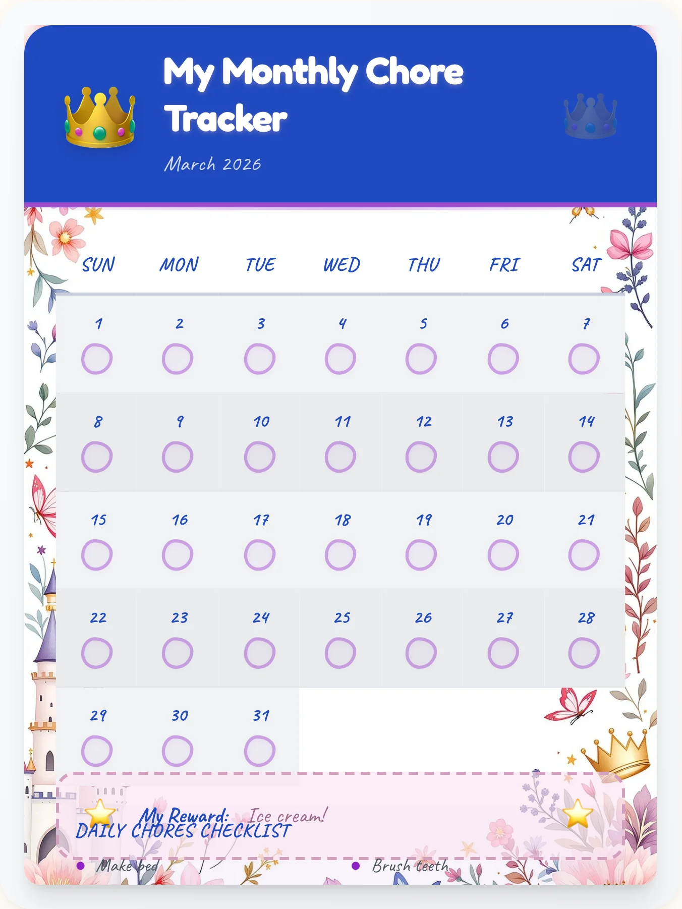 Mellow Princess Calendar Board - printable princess chore chart