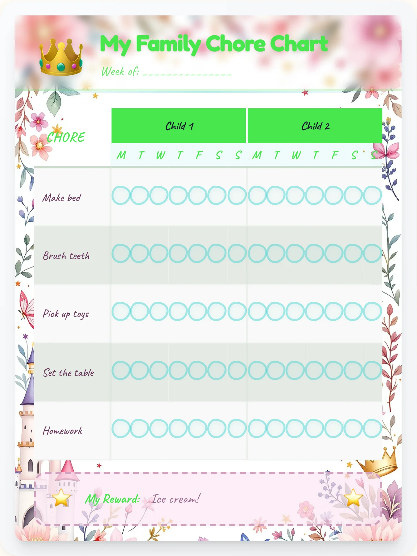 Vivid Princess Multi-Kid Tracker - printable princess chore chart