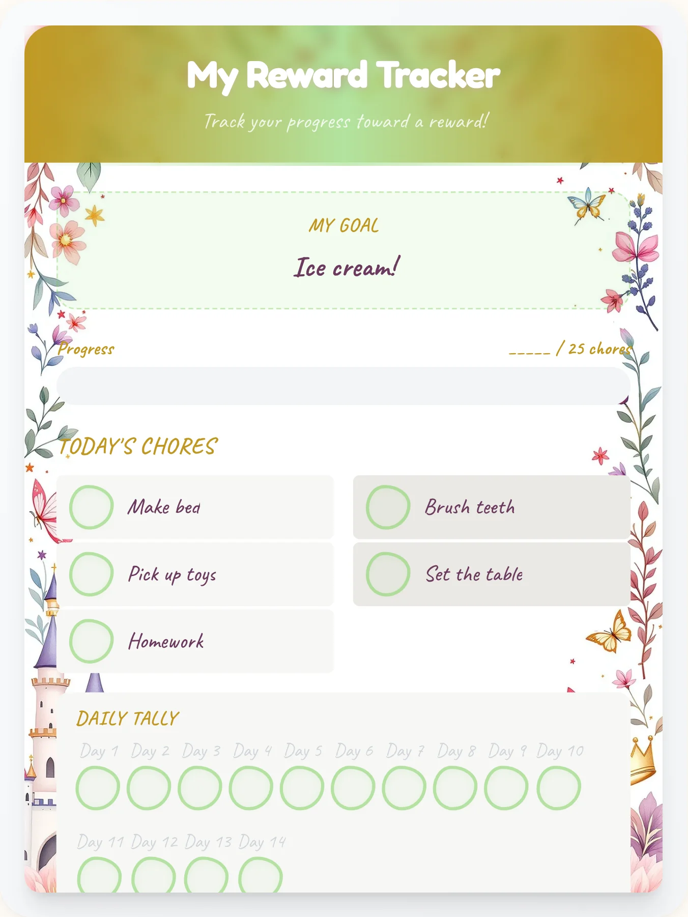 Happy Princess Goal Chart - printable princess chore chart