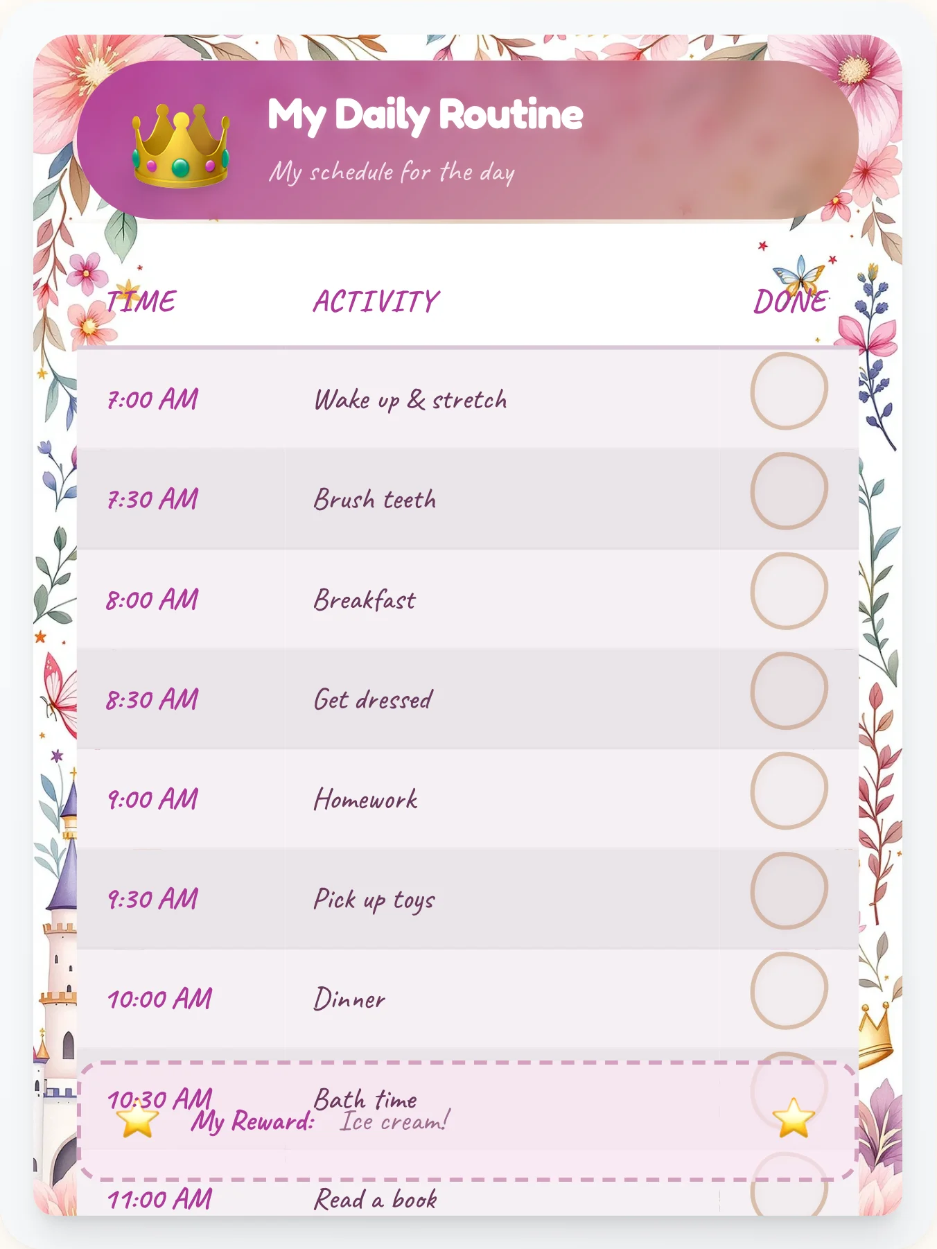 Airy Princess Routine Board - printable princess chore chart