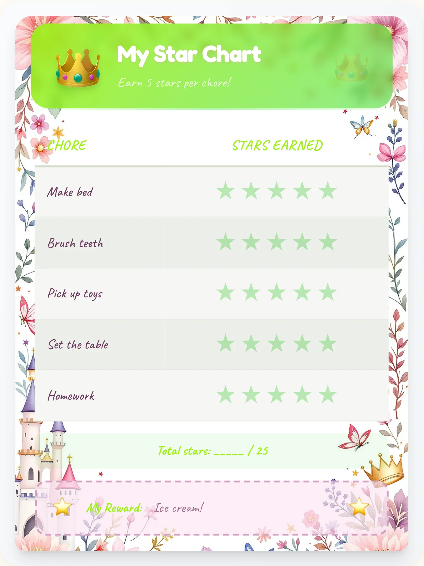 Playful Princess Star Tracker - printable princess chore chart