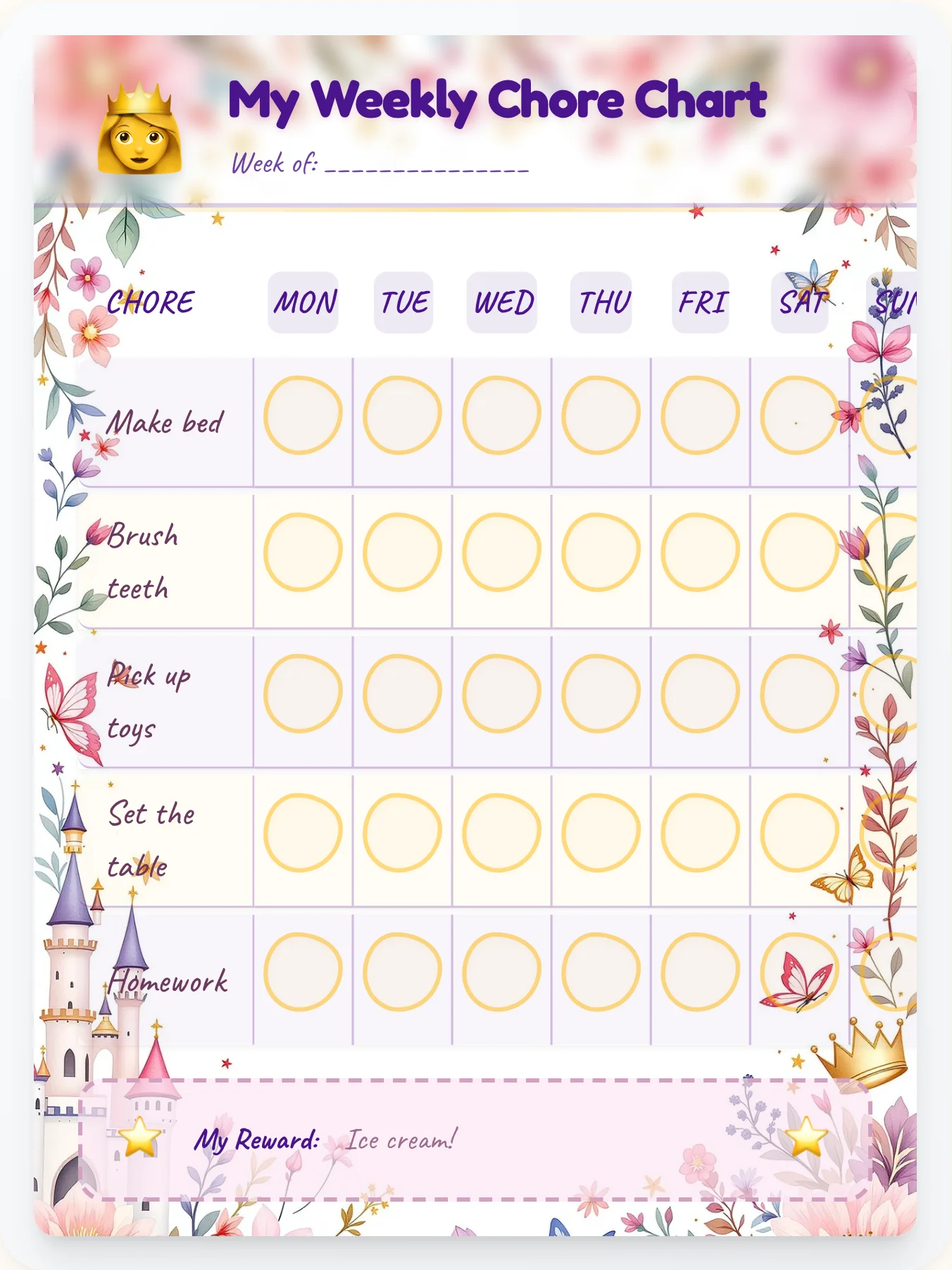 Storybook Castle Chore Chart - printable princess chore chart
