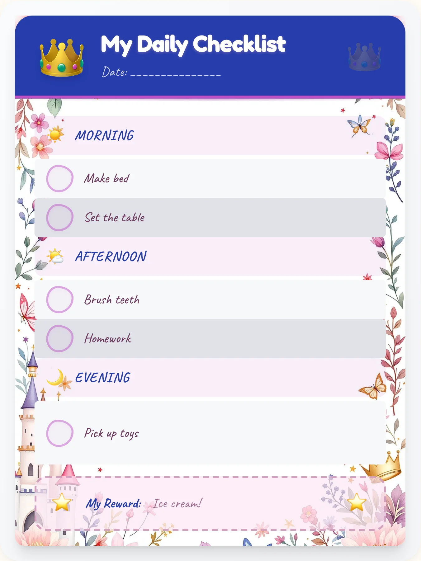 Mellow Princess Day Tracker - printable princess chore chart