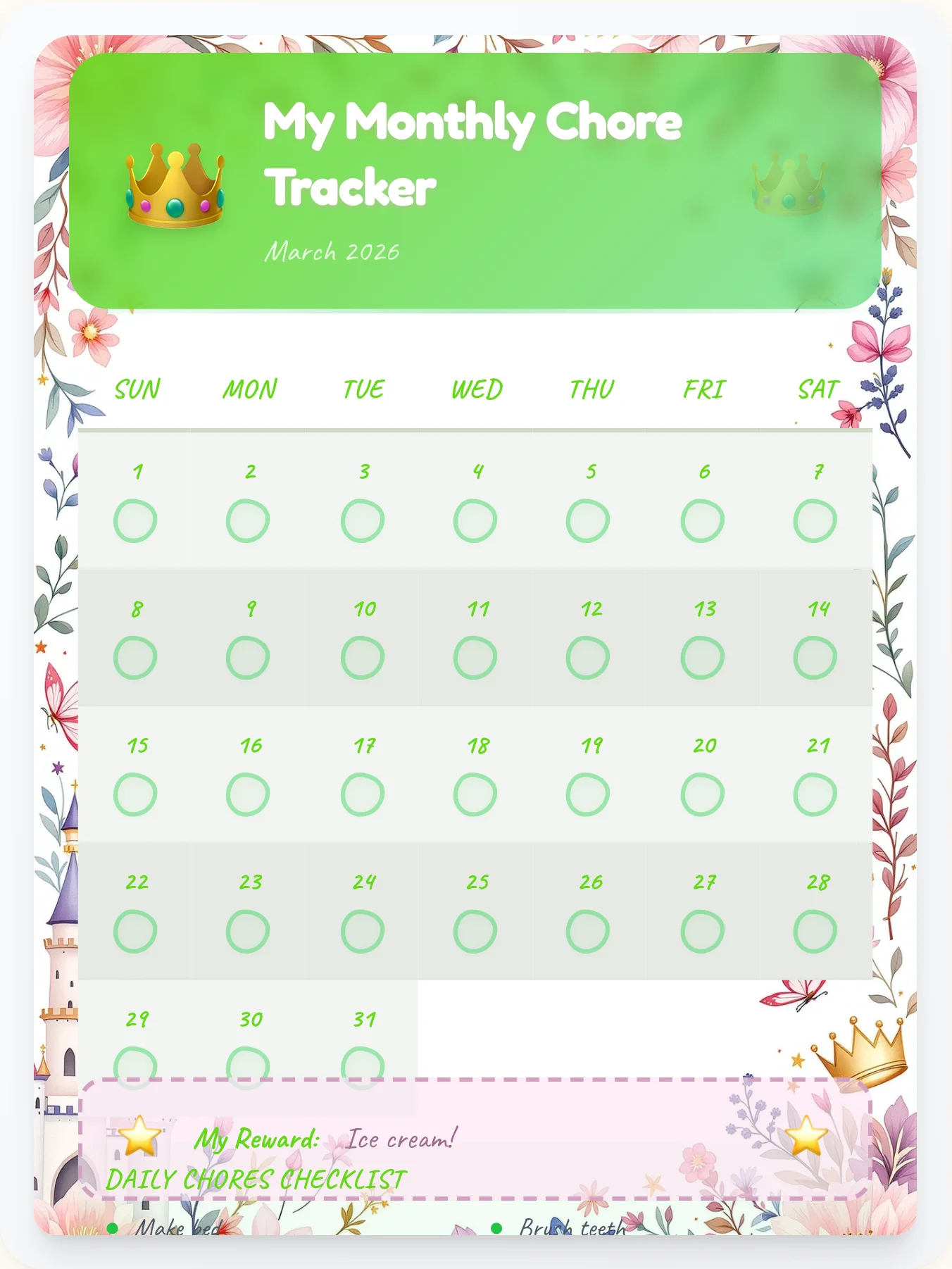 Radiant Princess Monthly Grid - printable princess chore chart