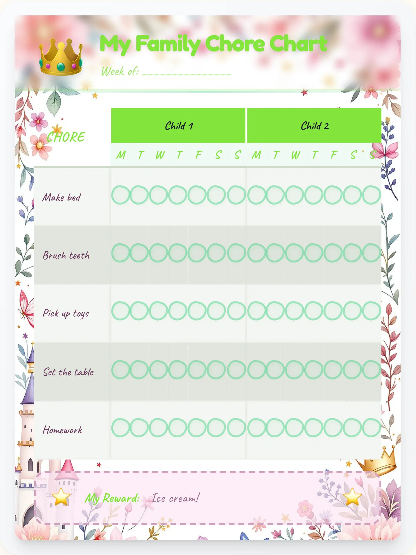 Quiet Princess Sibling Board - printable princess chore chart