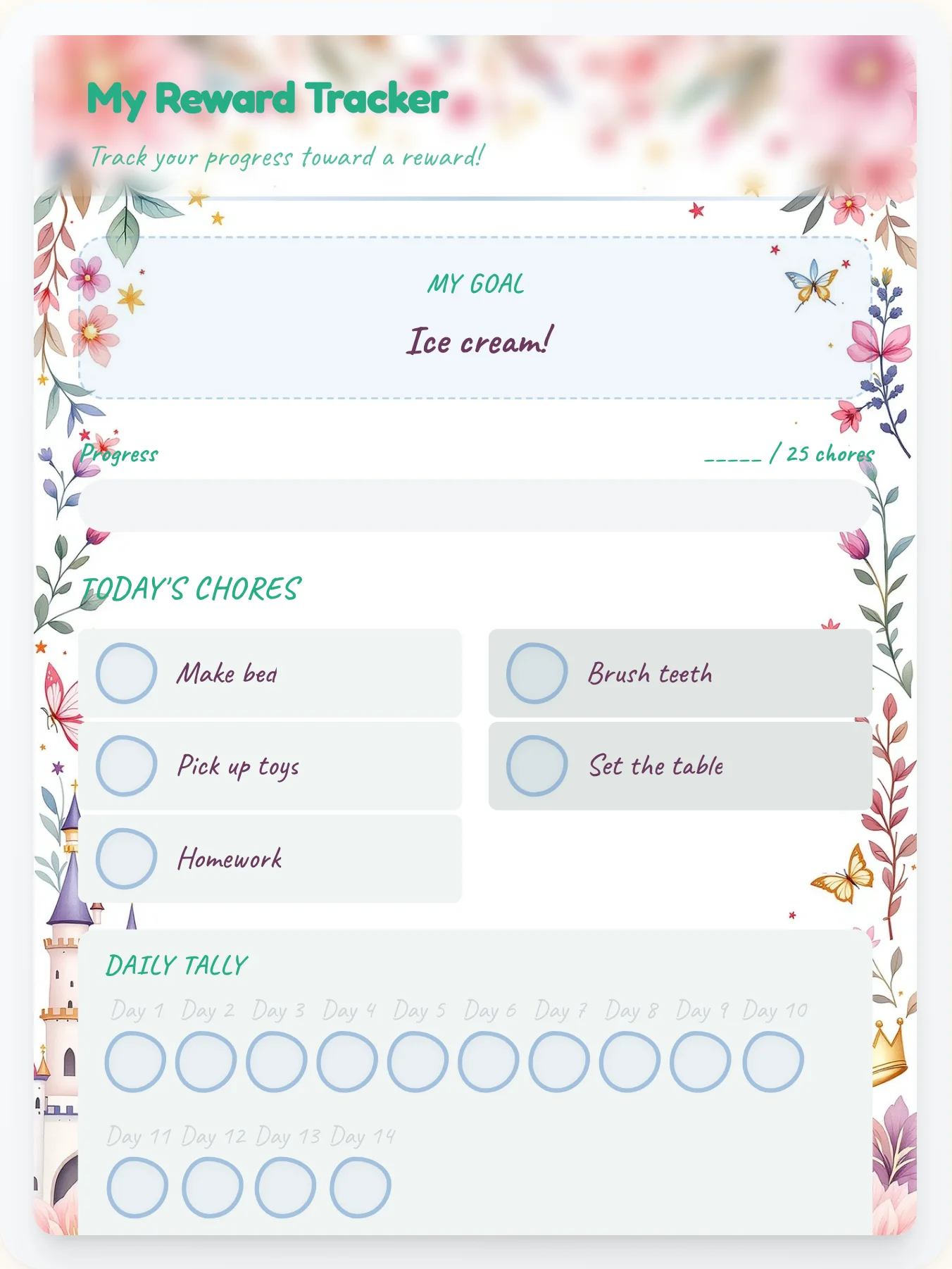 Enchanted Princess Points Tracker - printable princess chore chart
