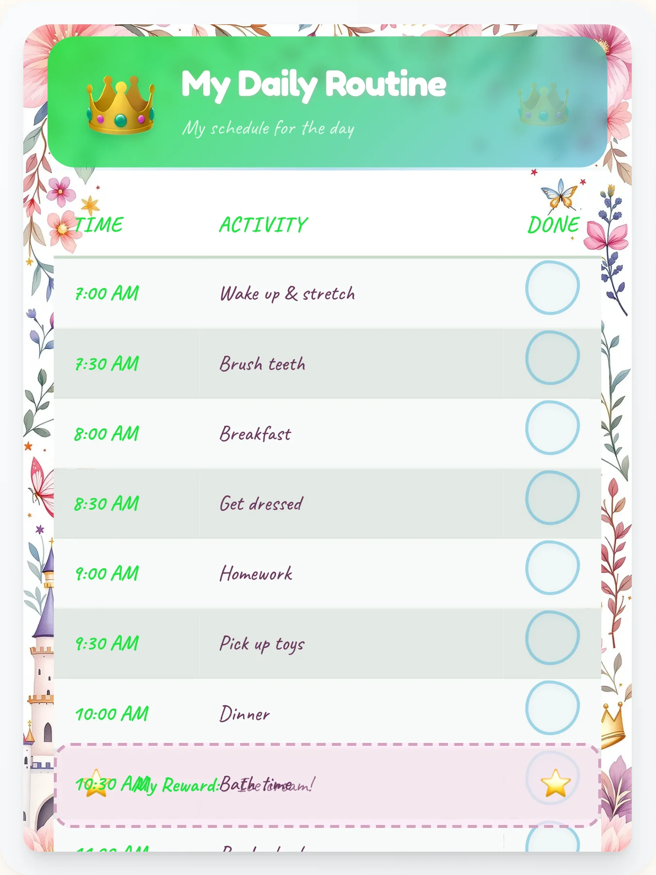 Warm Princess Time Planner - printable princess chore chart