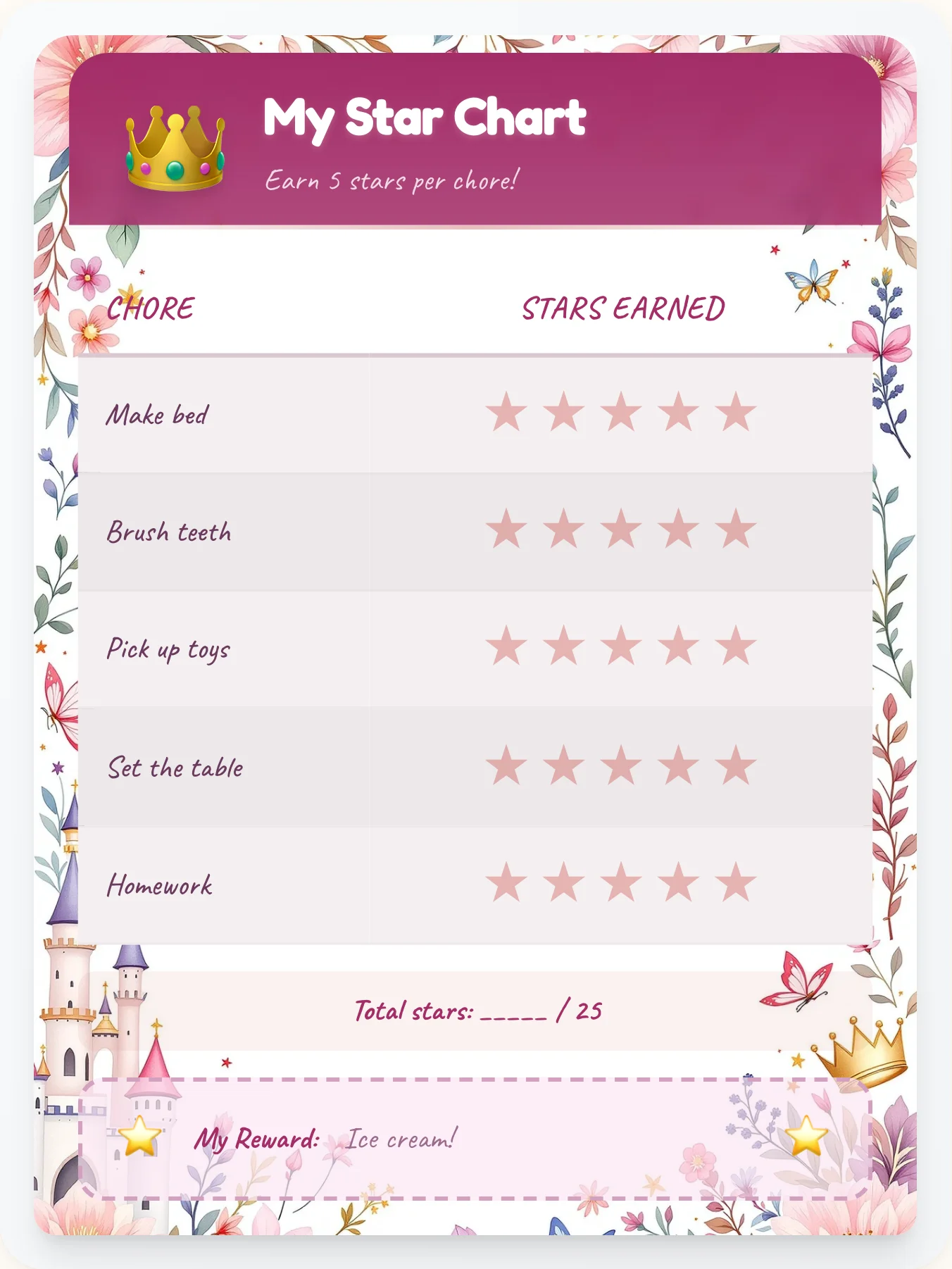 Delicate Princess Star Tracker - printable princess chore chart