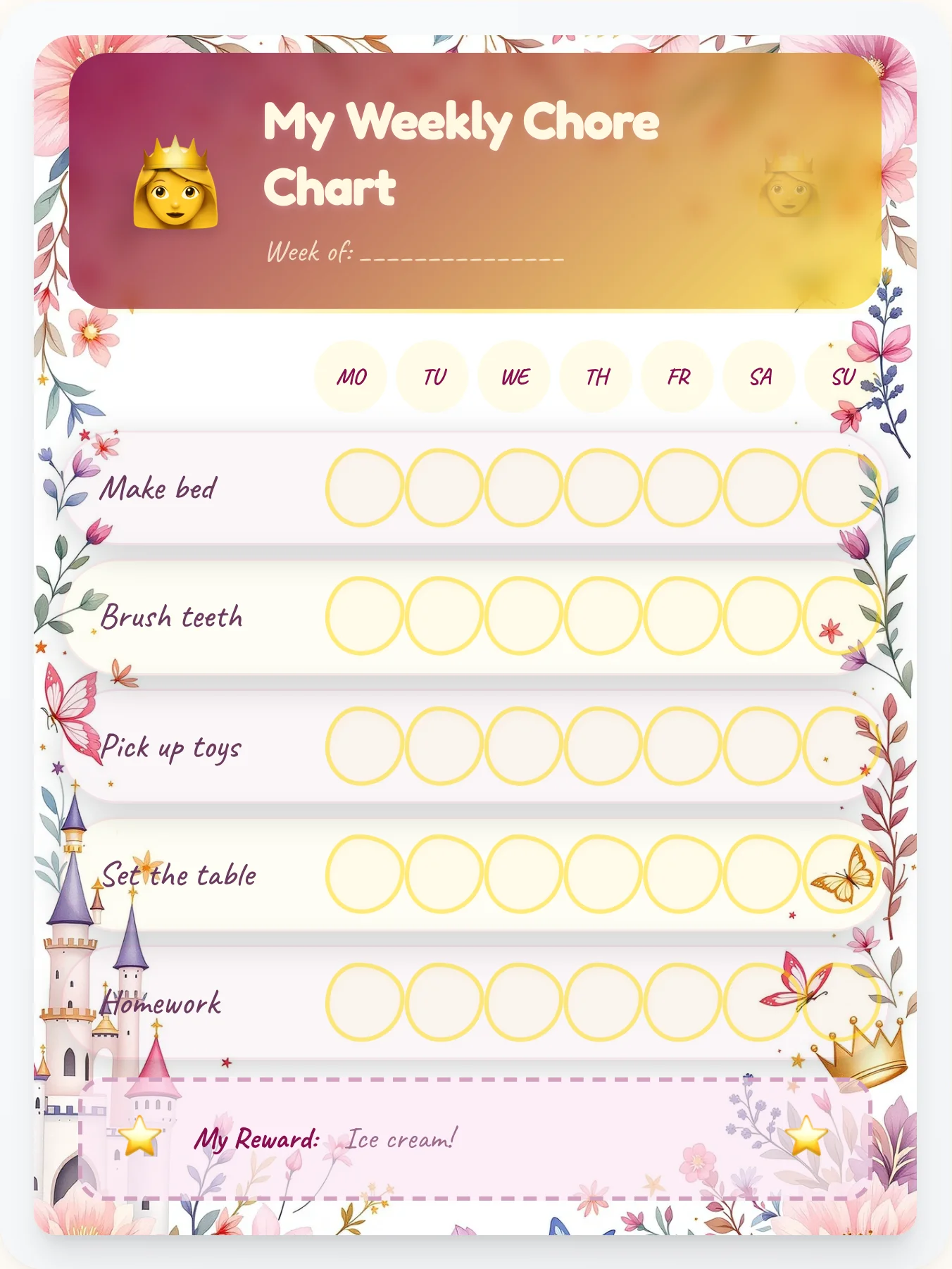 Enchanted Ballroom Chore Chart - printable princess chore chart