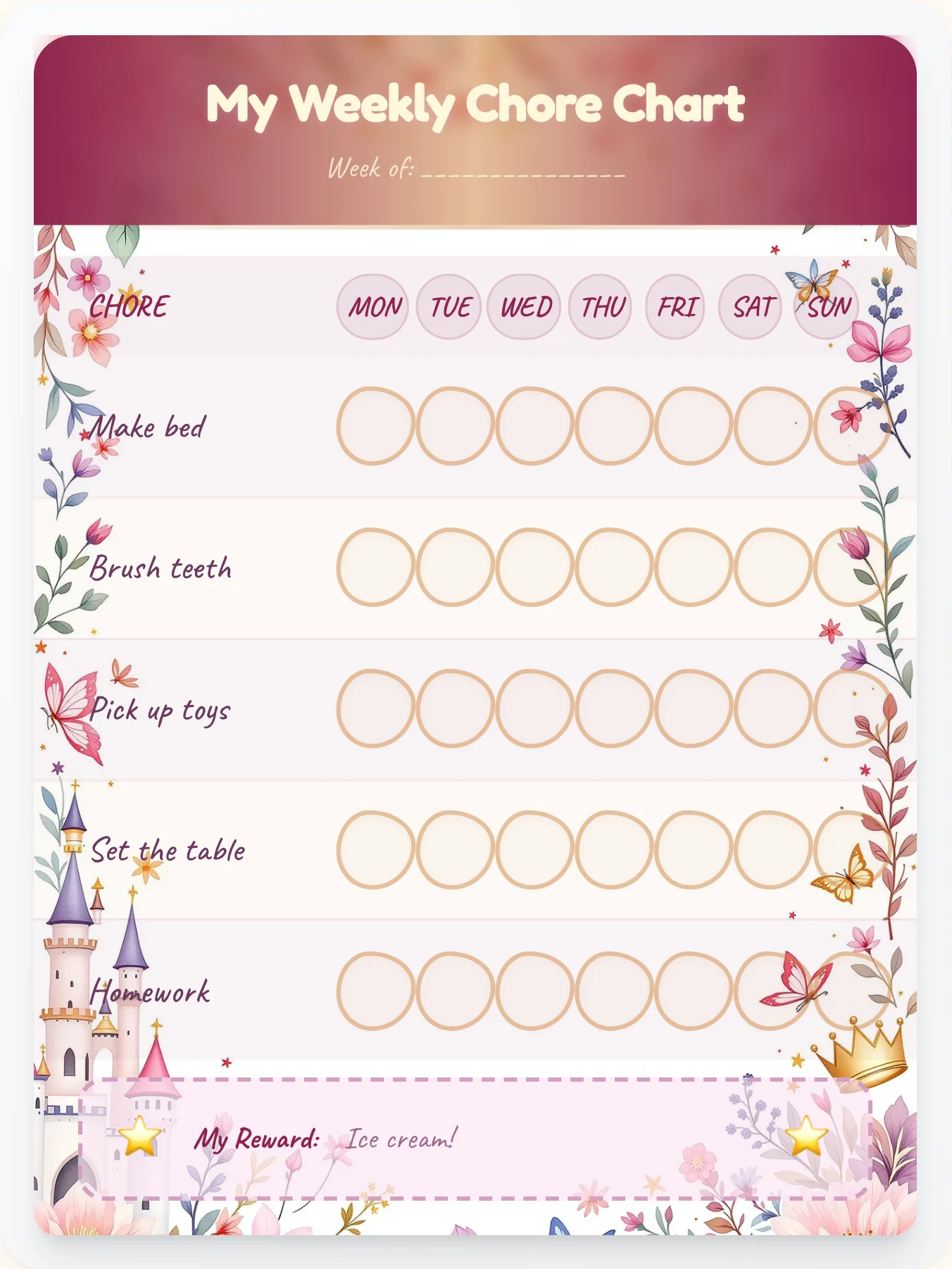 Fairy Tale Vintage Chore Chart - printable princess chore chart