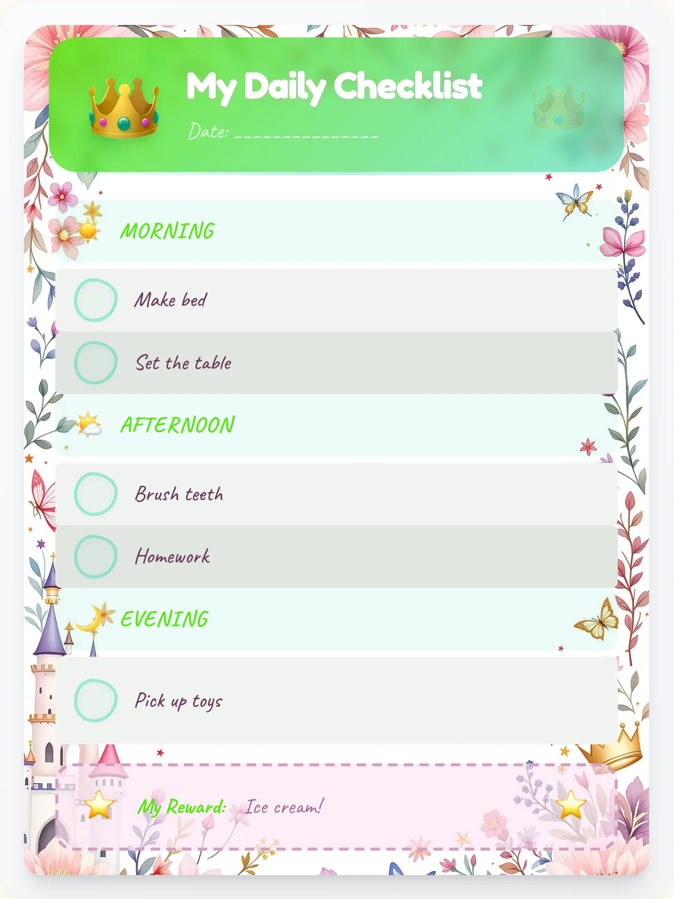 Radiant Princess To-Do Chart - printable princess chore chart