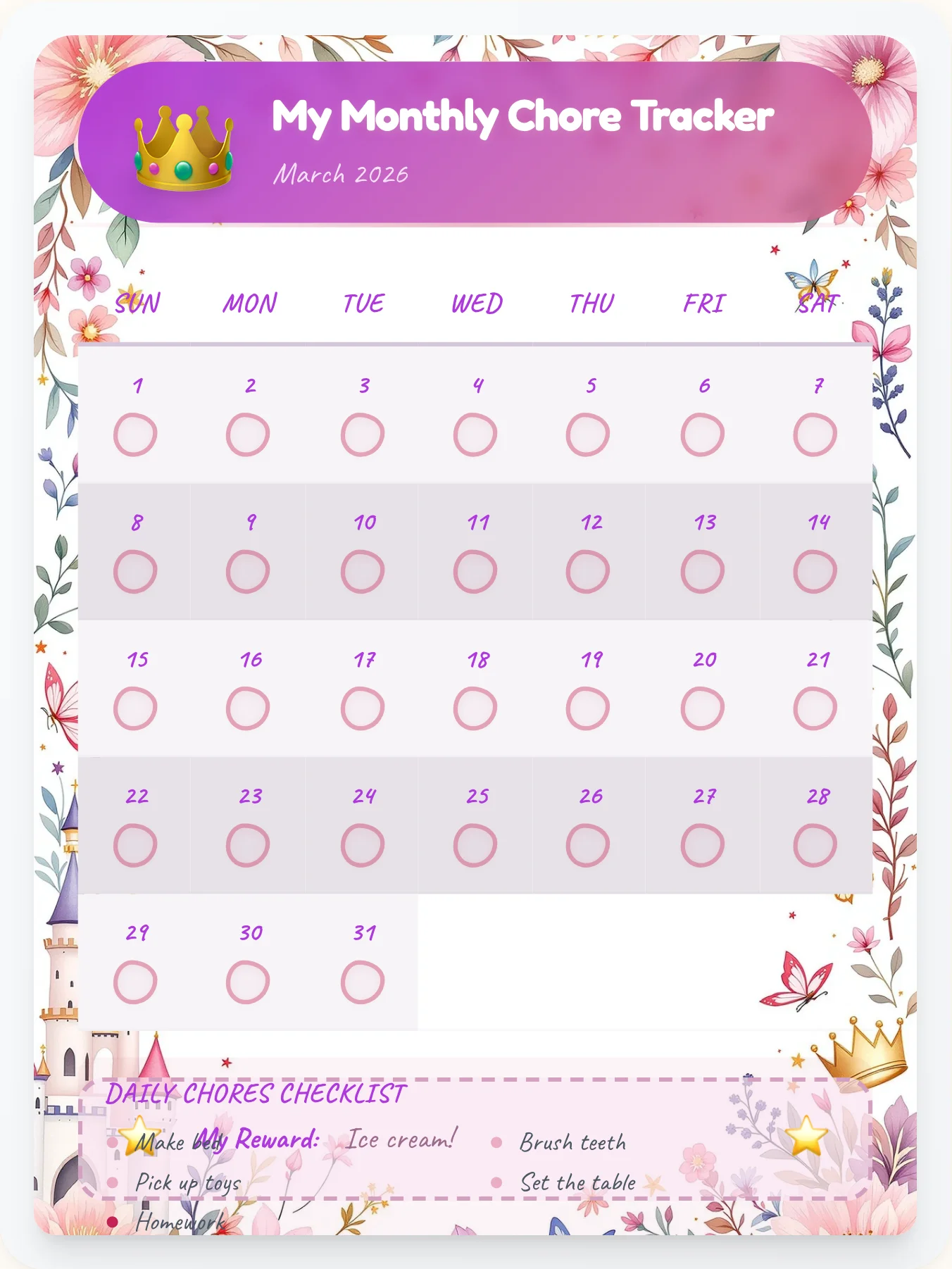 Urban Princess Calendar Board - printable princess chore chart