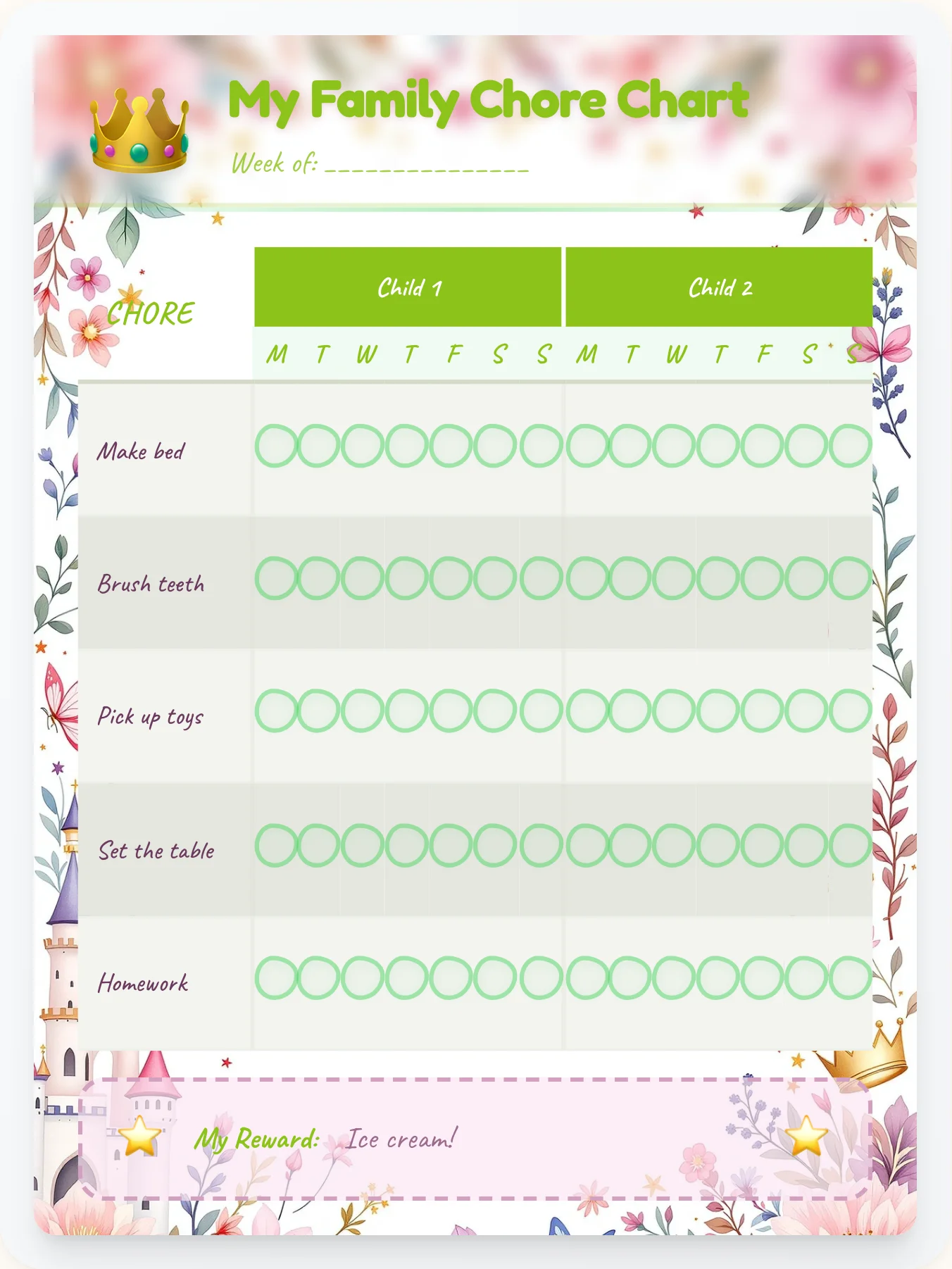 Noble Princess Family Chart - printable princess chore chart