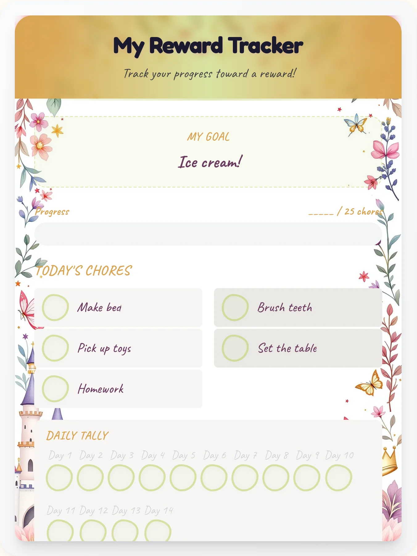 Golden Princess Goal Chart - printable princess chore chart