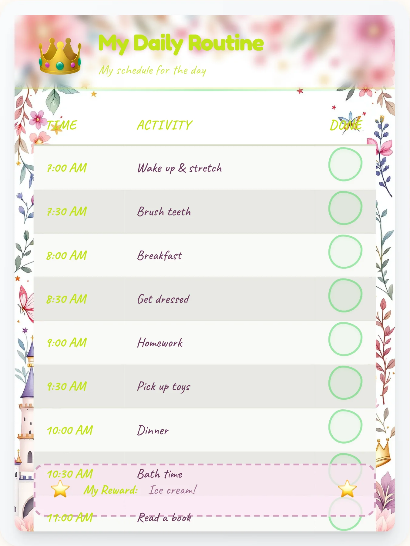 Misty Princess Time Planner - printable princess chore chart