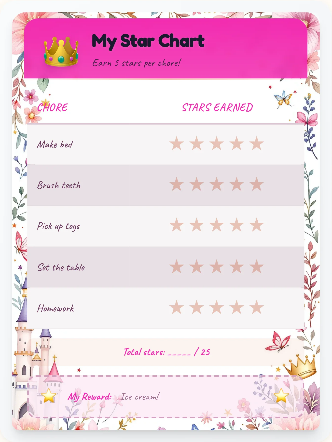Calm Princess Star Tracker - printable princess chore chart