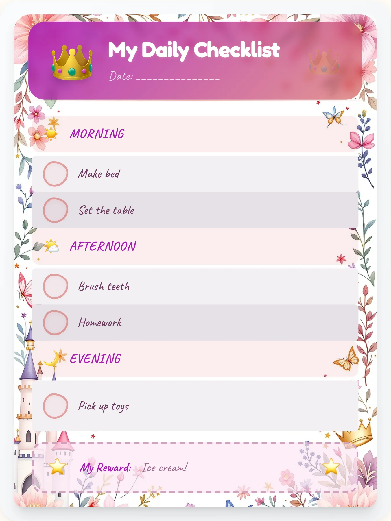 Vibrant Princess Daily Log - printable princess chore chart
